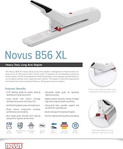 Miniatura 9 de Novus Engrapadora resistente B56, capacidad para 200 hojas, antiatascos, profundidad de grapado de 3 pulgadas con guía ajustable, derivación de