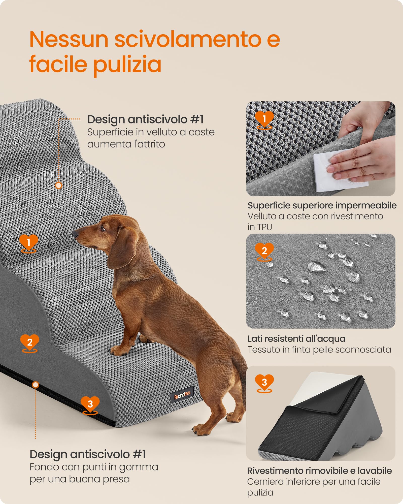 Feandrea Scala a 4 Gradini per Cani, Velluto Goffrato, Pendenza per Letto, Divano, Scaletta per Animali Impermeabile e Antiscivolo, Copertura Sfoderabile e Lavabile, Grigio Tortora PPS014GD01