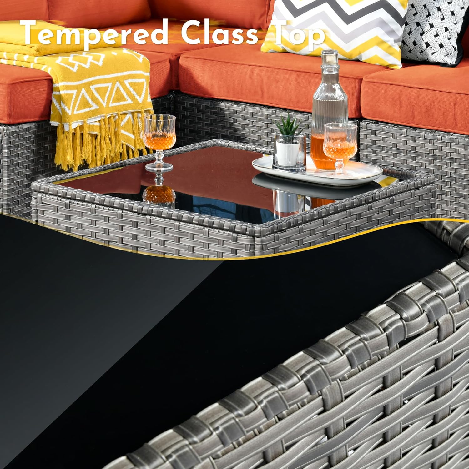 Detailed view of cushion construction and aluminum sofa feet.