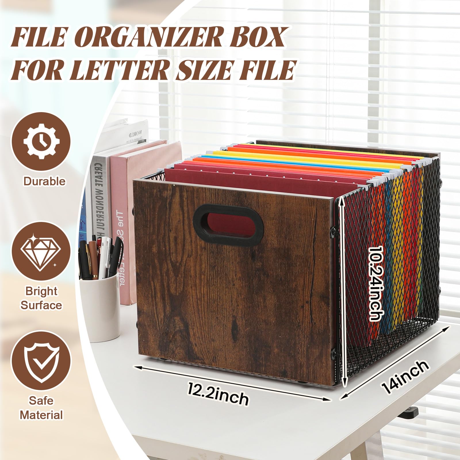Yalikop Organizador de archivos colgante, caja de almacenamiento para carpetas colgantes, gabinete de madera con asa para escritorio de oficina en casa, tamaño carta