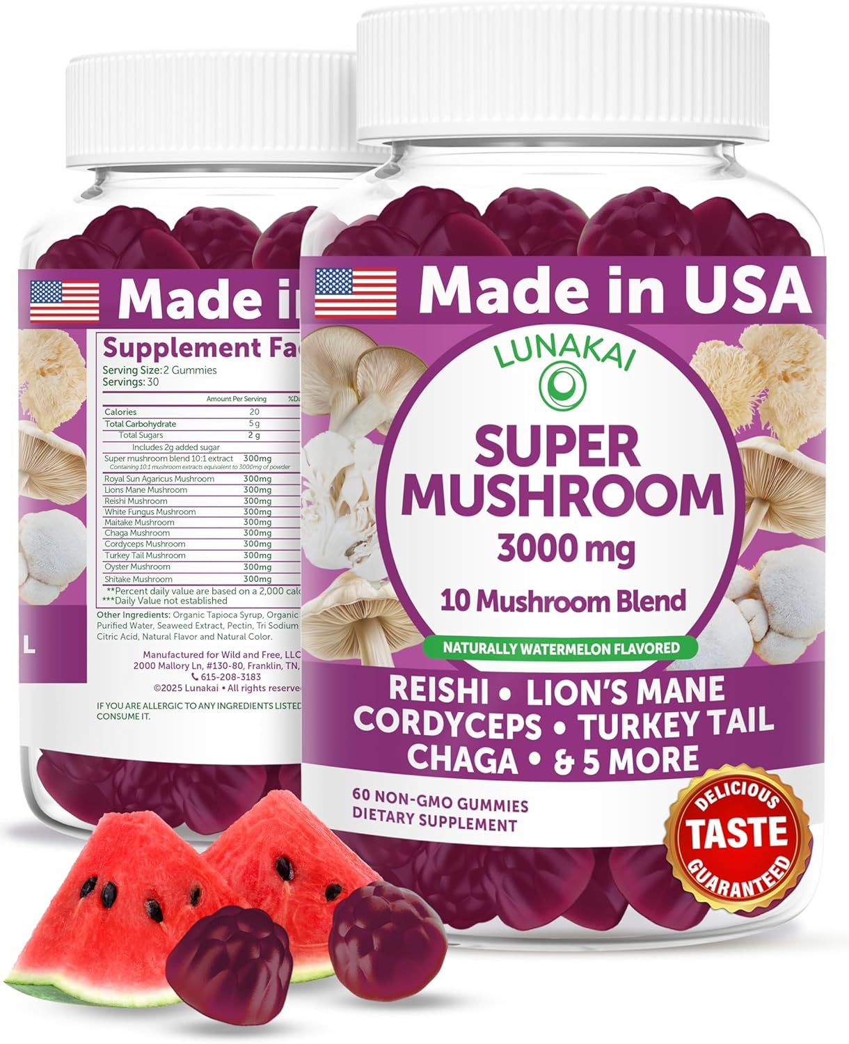 Lunakai USA Made Super Mushroom Gummies for Adults – 10-in-1 Adaptogenic Mushroom Supplement with Lion’s Mane – Daily Focus & Brain Support, 60ct