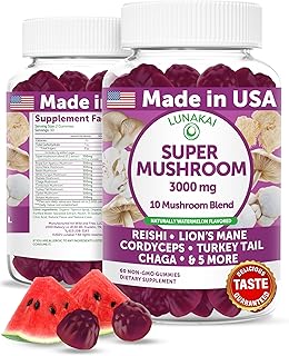 Lunakai USA Made Super Mushroom Gummies for Adults – 10-in-1 Adaptogenic Mushroom Supplement with Lion’s Mane – Daily Focus & Brain Support, 60ct
