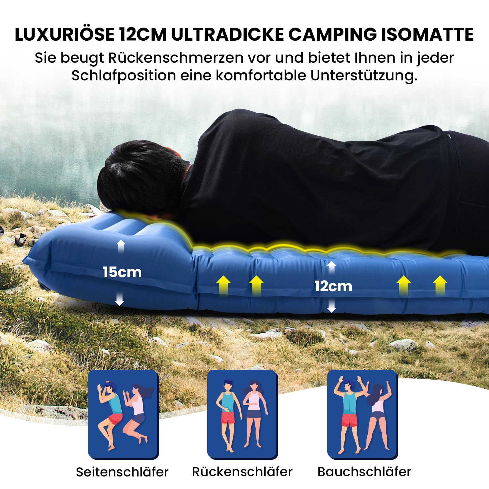 HIKENTURE Zelfopblazende isomat, 12 cm, dubbel, ultralicht, campingmat