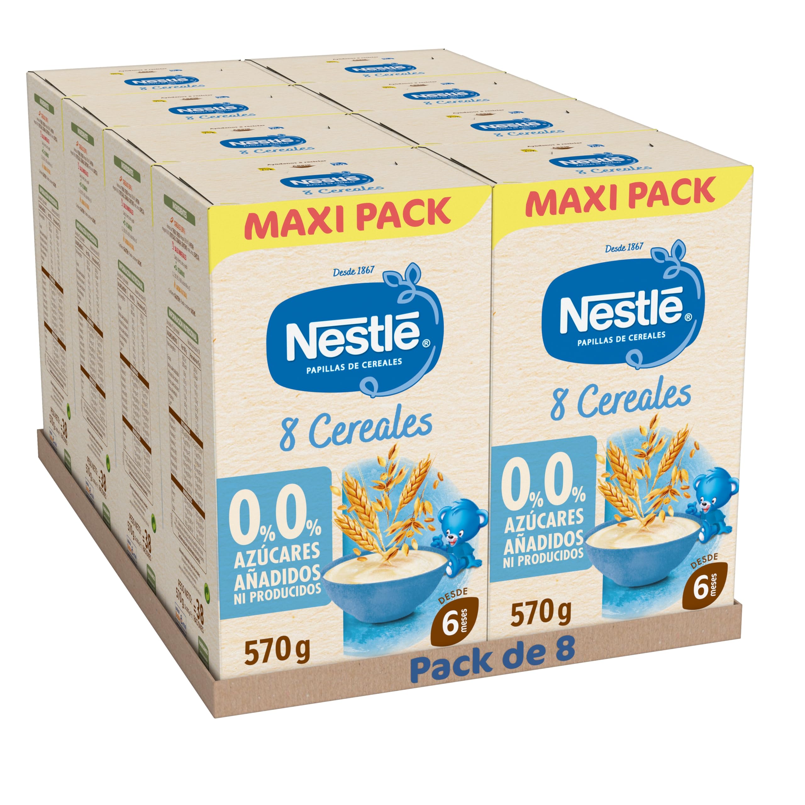 NESTLÉ Papilla 8 Cereales 570g sin azúcares añadidos pack de 8