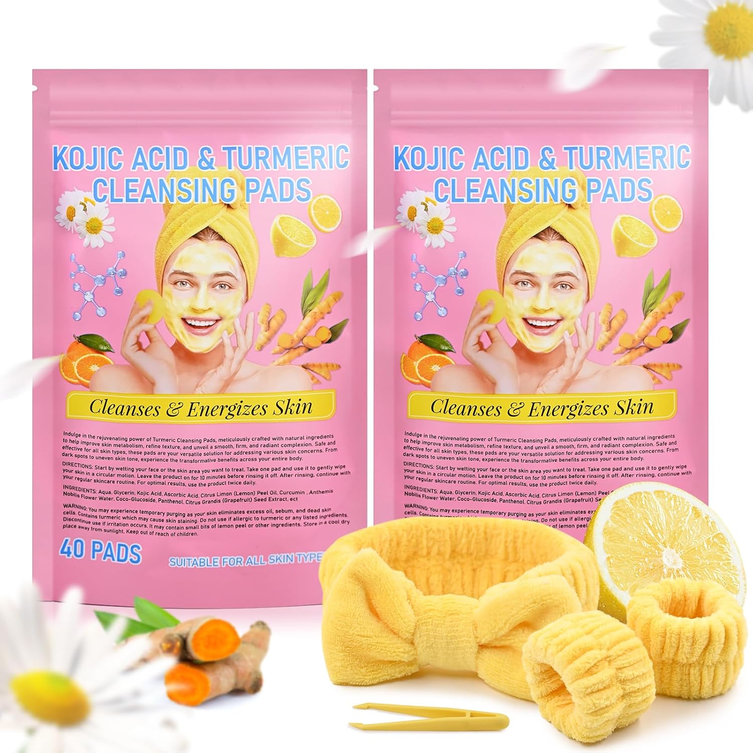 0uhans Turmeric Kojic Acid Cleansing Pads -2Pack, Turmeric Face Scrub Pads with Spa Headband and Wristband Set, for Deep Exfoliating & Remove Excess Keratin (80PCs)
