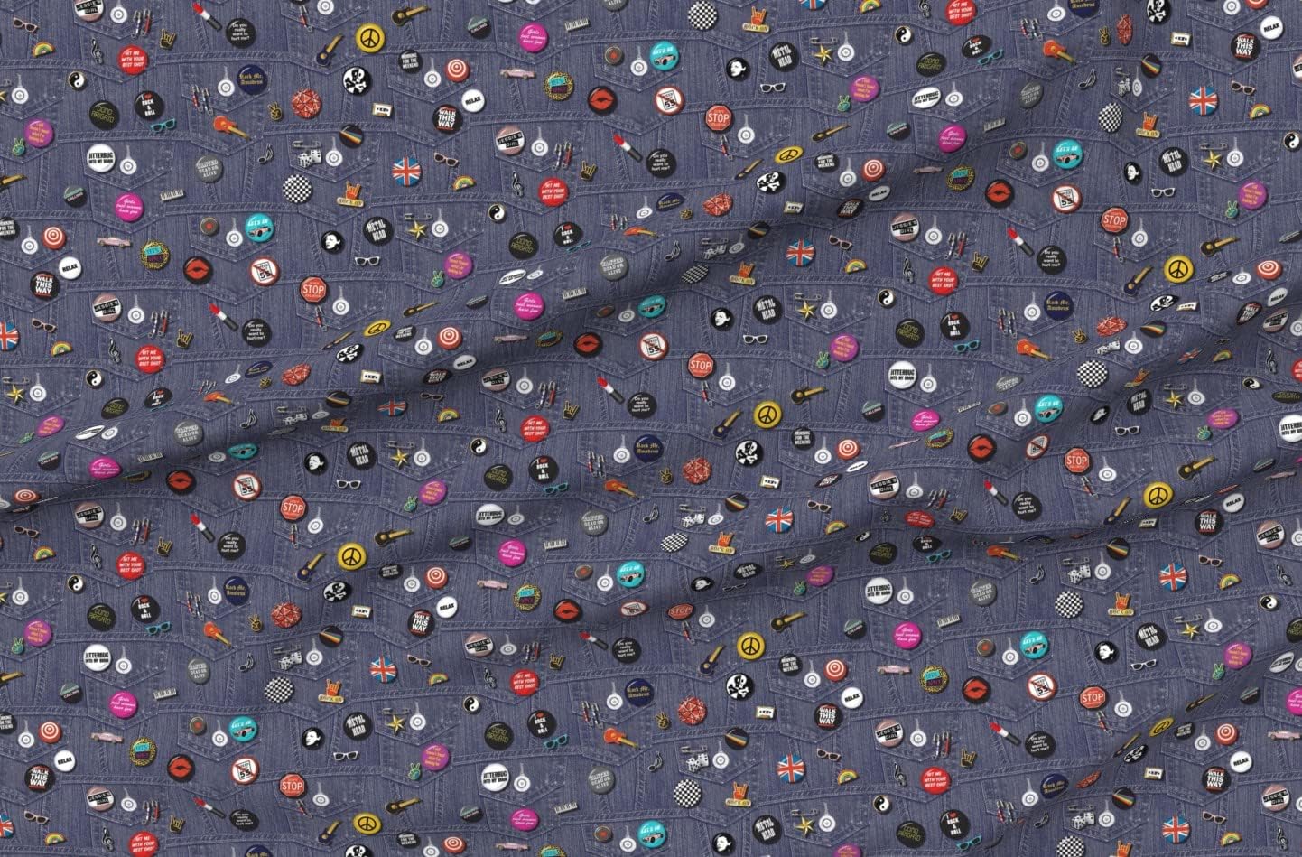 Spoonflower Fabric - 80S Rock & Roll Pins Music Retro Denim Band Typography Words Fashion Printed on Denim Fabric by The Yard - Bottomweight Apparel Home Decor Upholstery