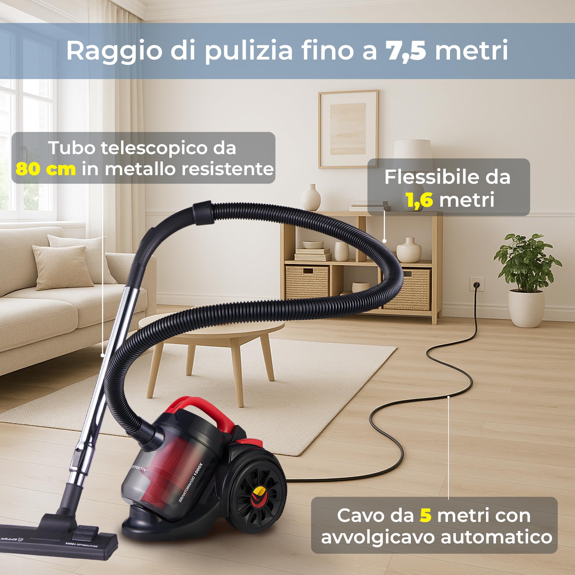 EFFEKTIV Aspirapolvere senza Sacco GranTornado 1000X, Aspirapolvere Potente Compatto Ciclonico 1200W, Potenza di Aspirazione 85000Pa, Capacità 2.5Litri, 76dB, Filtro HEPA, Cavo 3m, Per Peli Animali