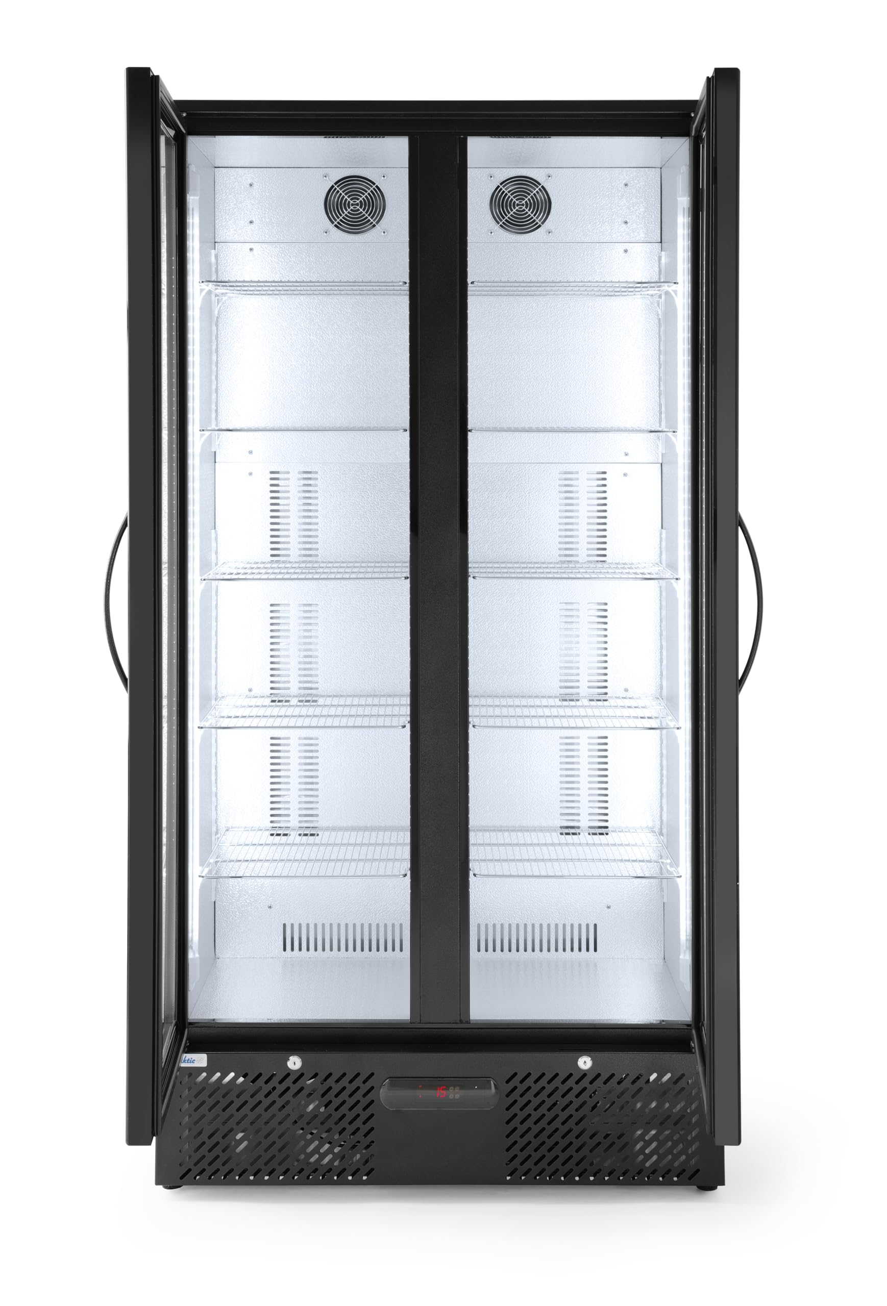 HENDI Refrigerador para bebidas Arktic, botellero vertical de bar, 2 puertas, 384L, 0–10°C, 220V, 365W, 900x530x(H) 1820mm, acero con recubrimiento en polvo negro