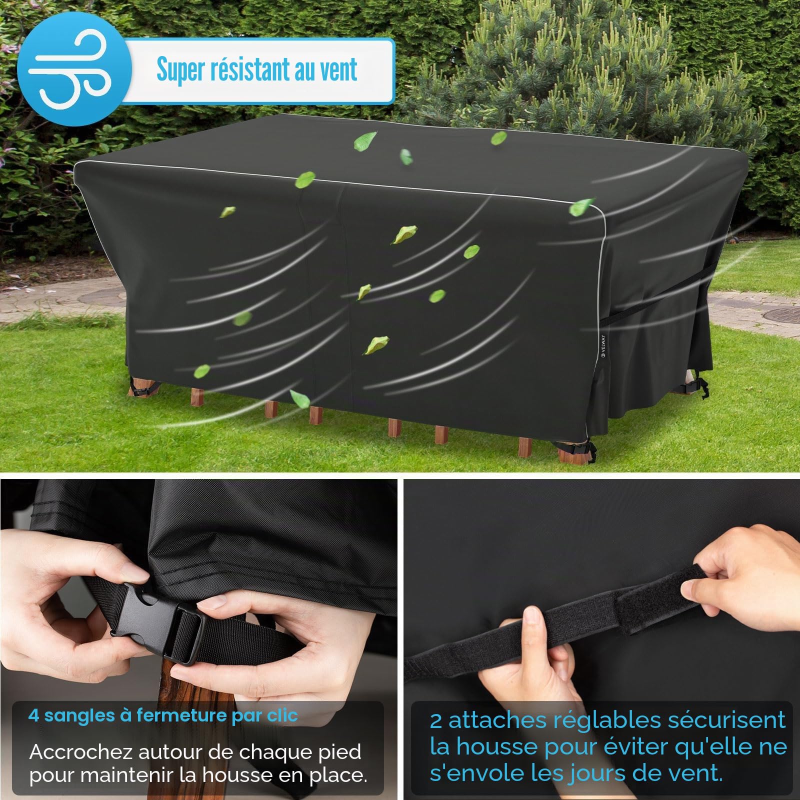 Velway Housse Salon de Jardin Imperméable: Housse de Table Jardin Rectangulaire avec Bande Réfléchissante 600D Oxford Coupe-vent Couverture de Protection Meubles Bâche pour Table - Noir 242x162x71cm