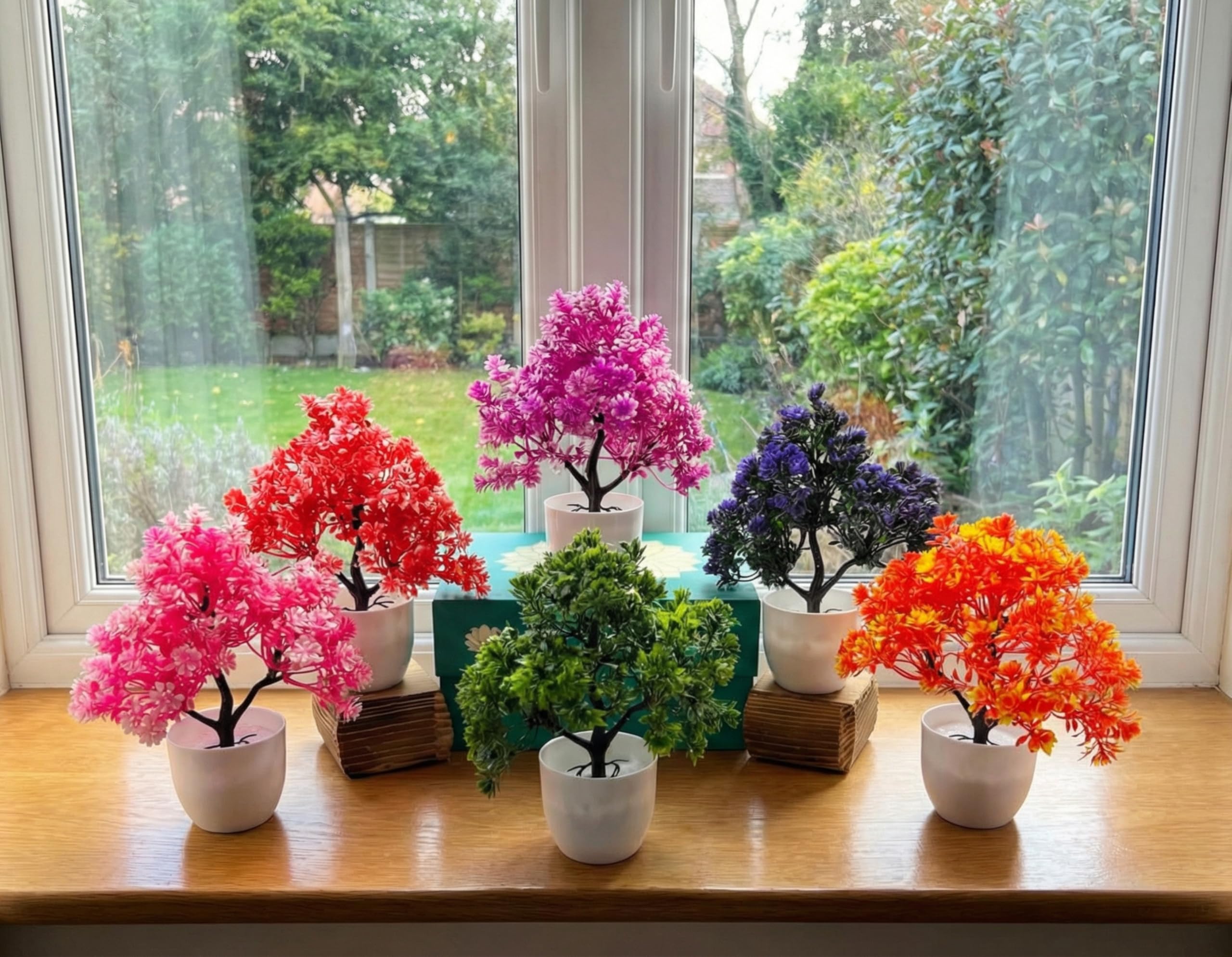 Dekorly Artificial Flower Plants Set of 6 with Pots | Vibrant Color Faux Flower Bonsai for Home Office Table Desk Shelf Decoration (Height : 18CM, Round Pot, Multi-B) 1