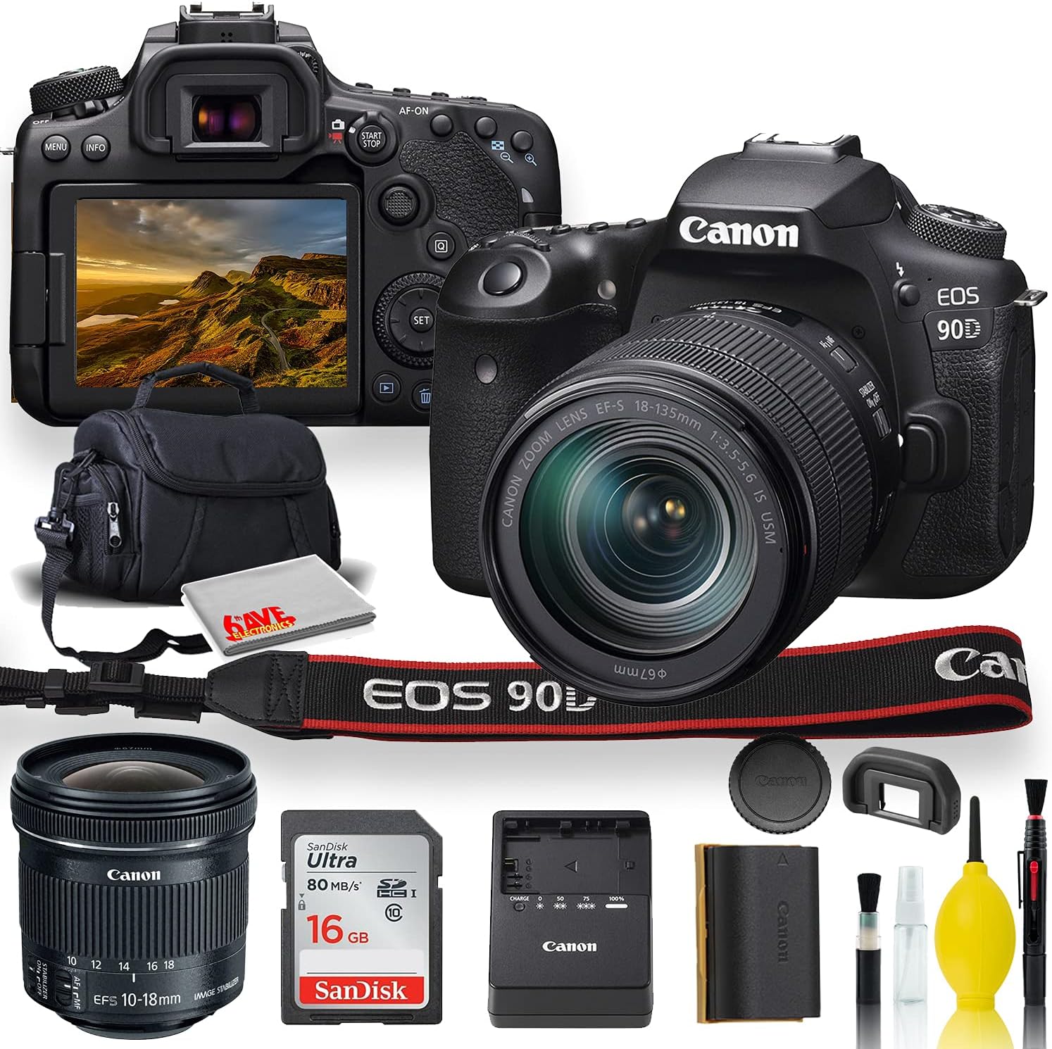 Canon EOS 90D DSLR Camera with 18-135mm Lens, Canon EF-S 10-18mm f/4.5-5.6 is STM Lens, Soft Padded Case, Memory Card, + More (International Model)