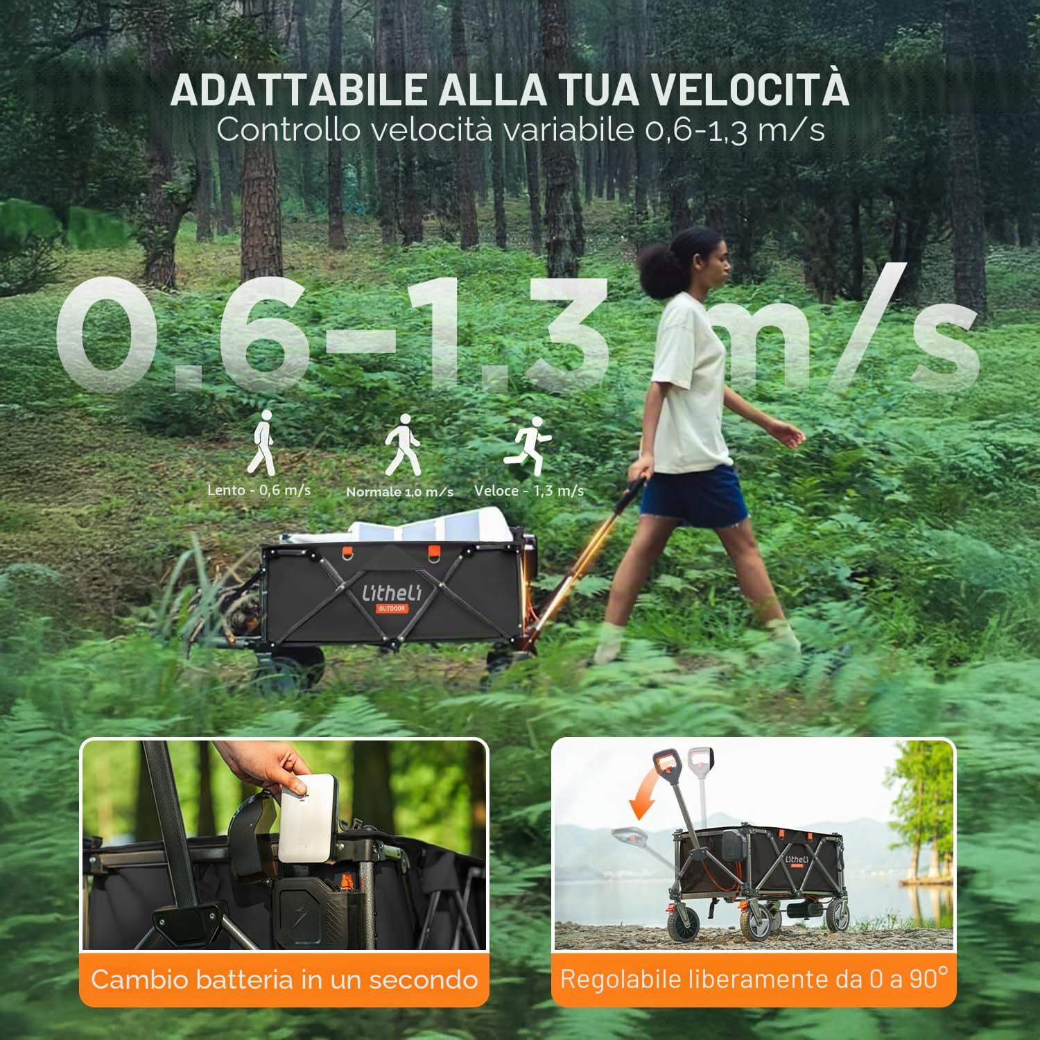 LiTHELi Carrello Elettrico Bollerwagen Pieghevole, Carrello a Mano Pieghevole con Freni 200L 60KG Portata Massima, Carrello Pieghevole Adatto per Campeggio, Giardino, Acquisti, 1 Batteria (Nero)