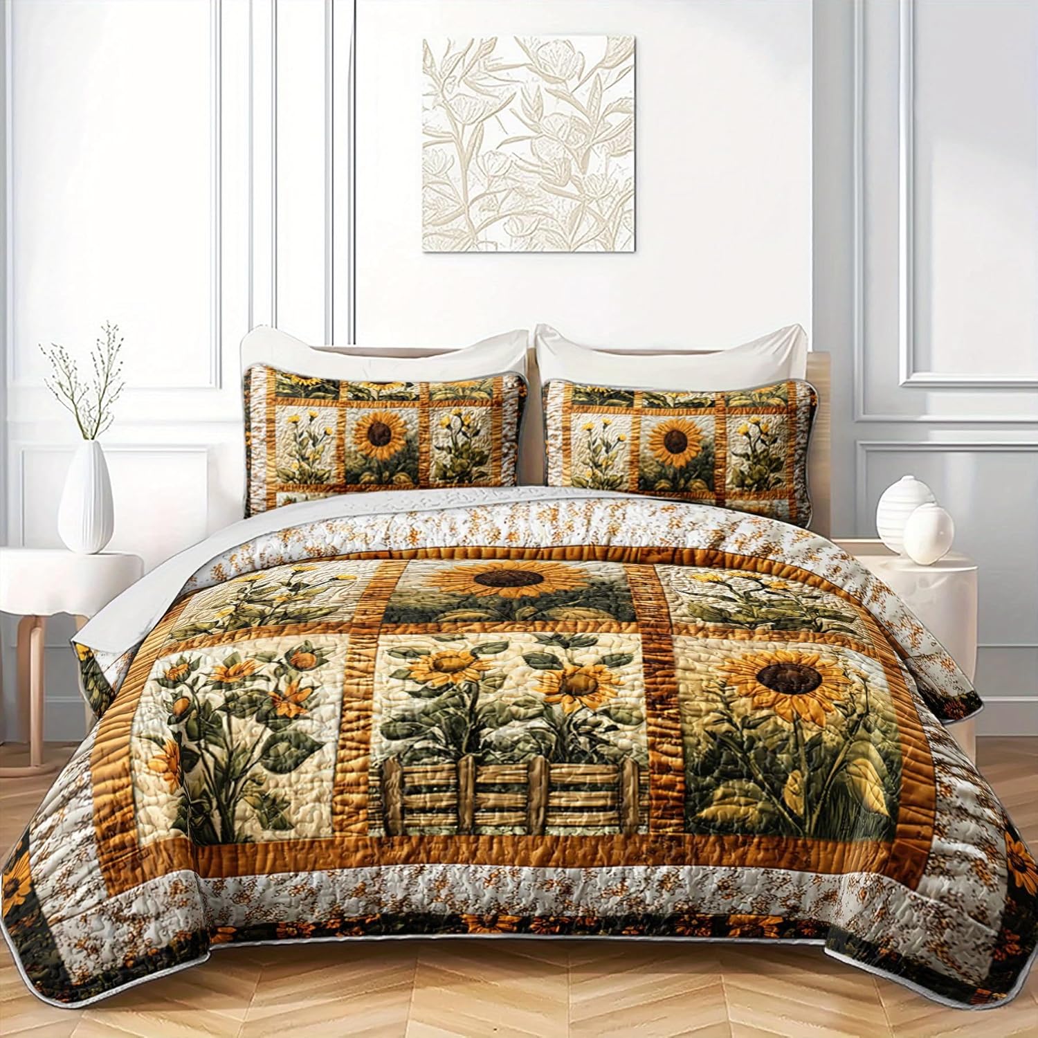 Sunflower Patchwork Quilt Bedding Set Queen Size for Girls and Kids,Sunflower Field Bedspread Sets Rustic Farmhouse Bedroom Decor,Yellow Flowers Bed Cover Queen for Boys Girls Room Decor - Image 3