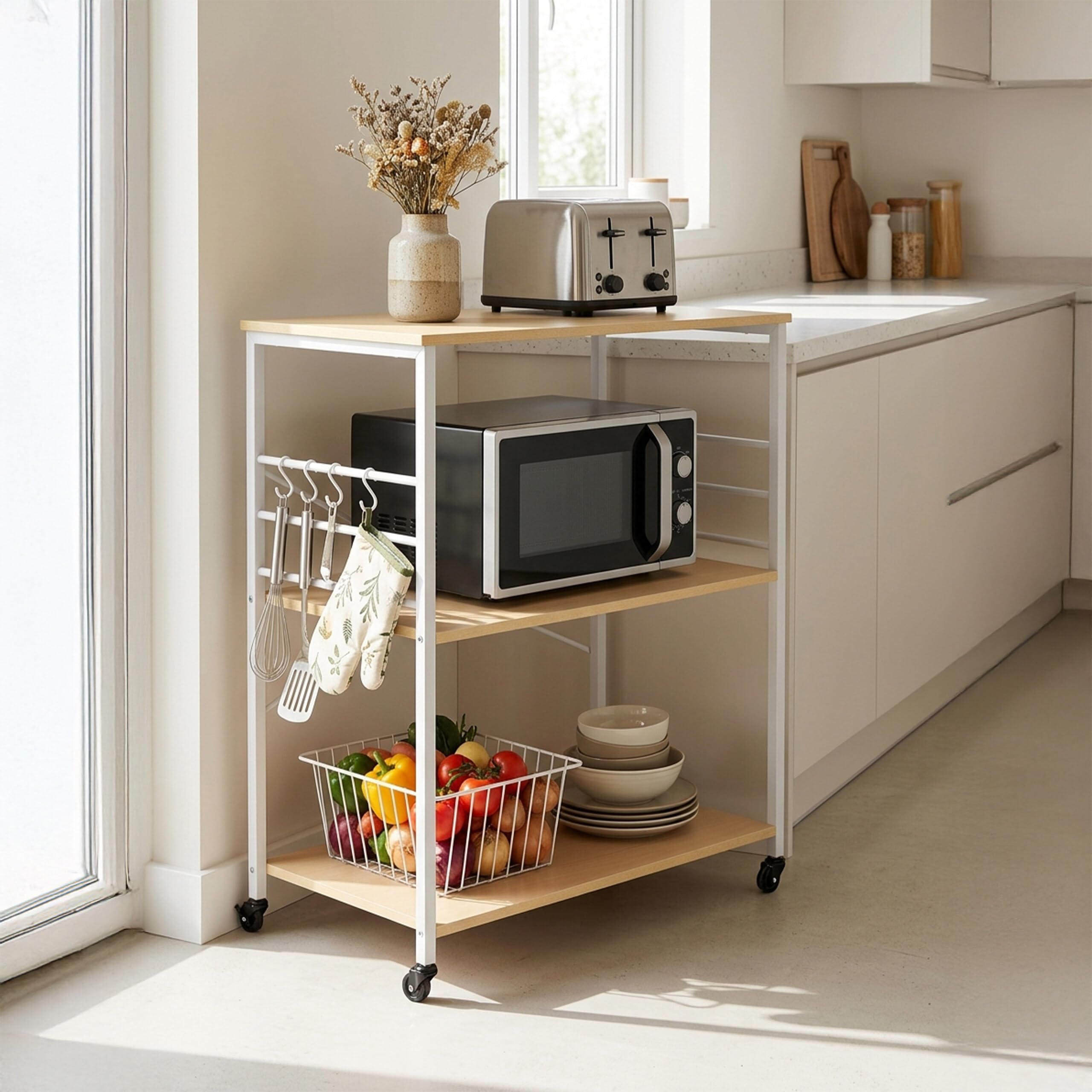 Relaxdays Carrello da Cucina, 3 Ripiani, 6 Ganci S, HxLxP: 89x80x40 cm, MDF & Acciaio, Naturale/Bianco