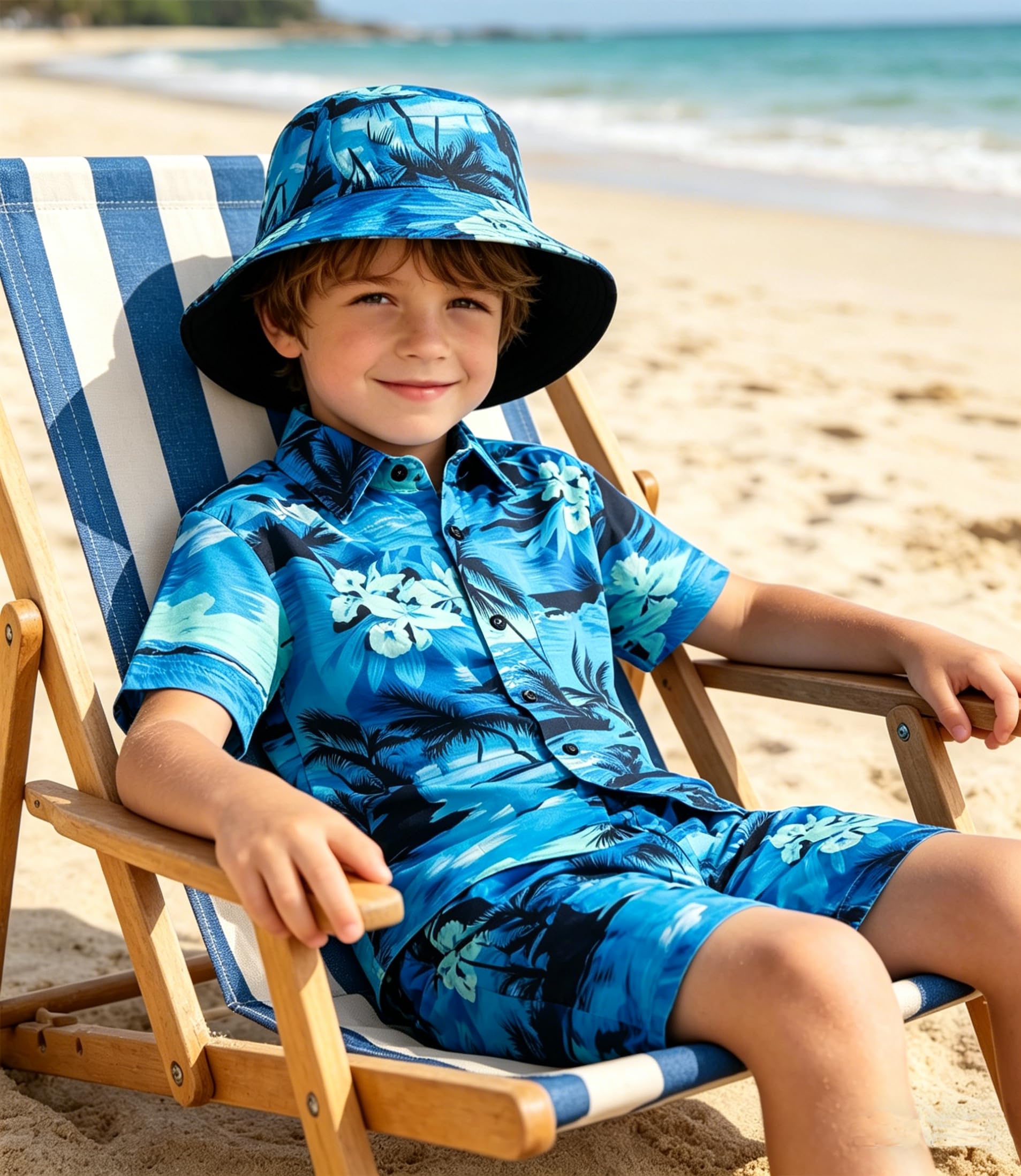 Conjunto de traje hawaiano de 3 piezas, camisa de manga corta + pantalones cortos + sombrero de pescador, tropical verano playa vacaciones, 5 – 16 años