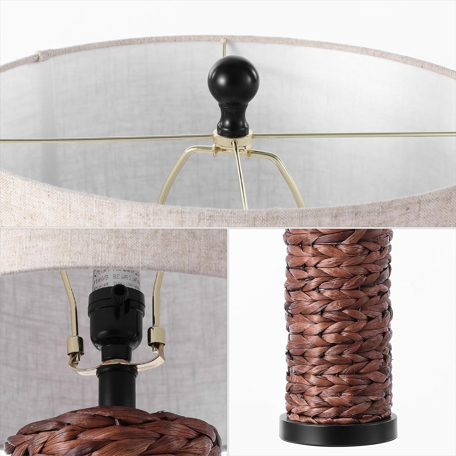 JONATHAN Y 25" Dark Brown Coastal Water Hyacinth Table Lamp Set of 2, Bedside Lamp with Light Grey Linen Shade, Boho Farmhouse Decor for Living Room Nightstand, LED Bulbs (JYL6502B-SET2)