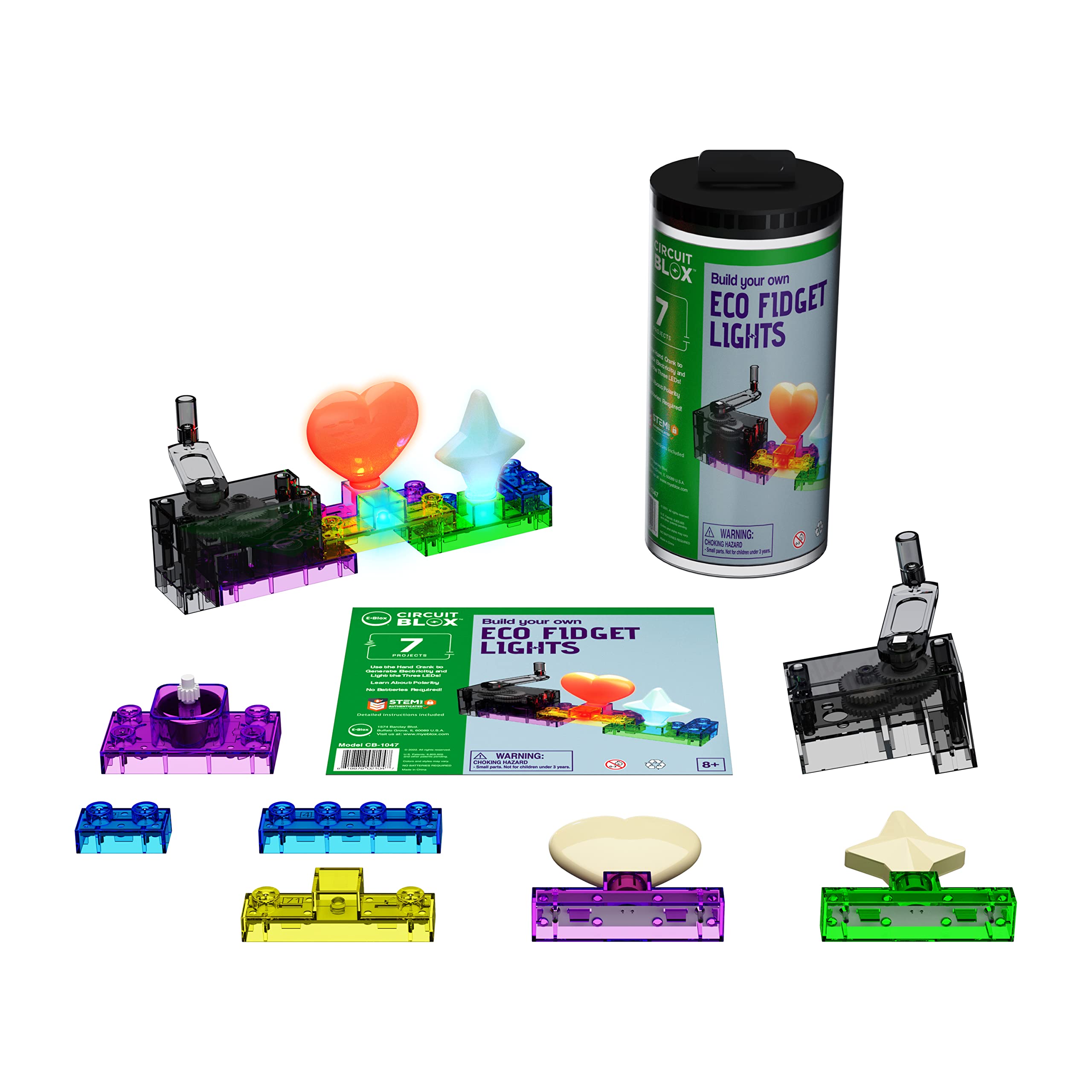 E-Blox: Circuit Blox: BYO Eco Fidget Lights - 7 Projects - Build Your Own Set, LED DIY STEM Bricks Toy, Colorful Building Blocks Kit, Kids Ages 8+