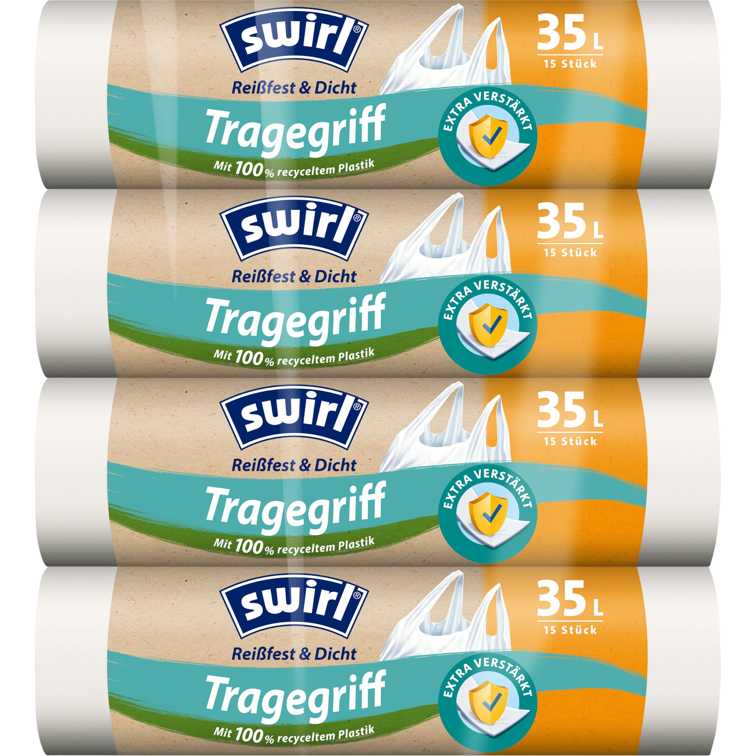Swirl Reißfest & Dicht Tragegriff Müllbeutel 35 l (4 x 15 Beutel), tropfsichere Müllsäcke für den Hausmüll, reißfeste Mülltüten mit praktischem Tragegriff