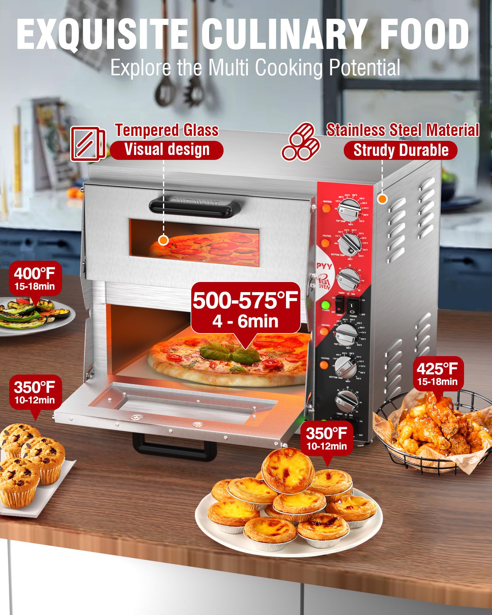 Horno de pizza para interiores de 16 pulgadas, hornos eléctricos de pizza de dos pisos con piedra para pizza, temporizador de anillo de 60 minutos, para el hogar y el restaurante, 3200 W, con 6