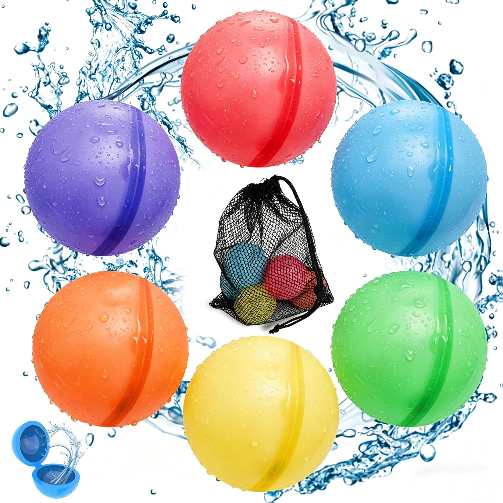 6 Pcs Globos de Agua Reutilizables de Silicona, Bombas de Agua Silicona Reutilizables, Bolas de Aguas Automático para Guerras de Pplaya, Piscina y Fiestas en Jardín (6,5 cm)