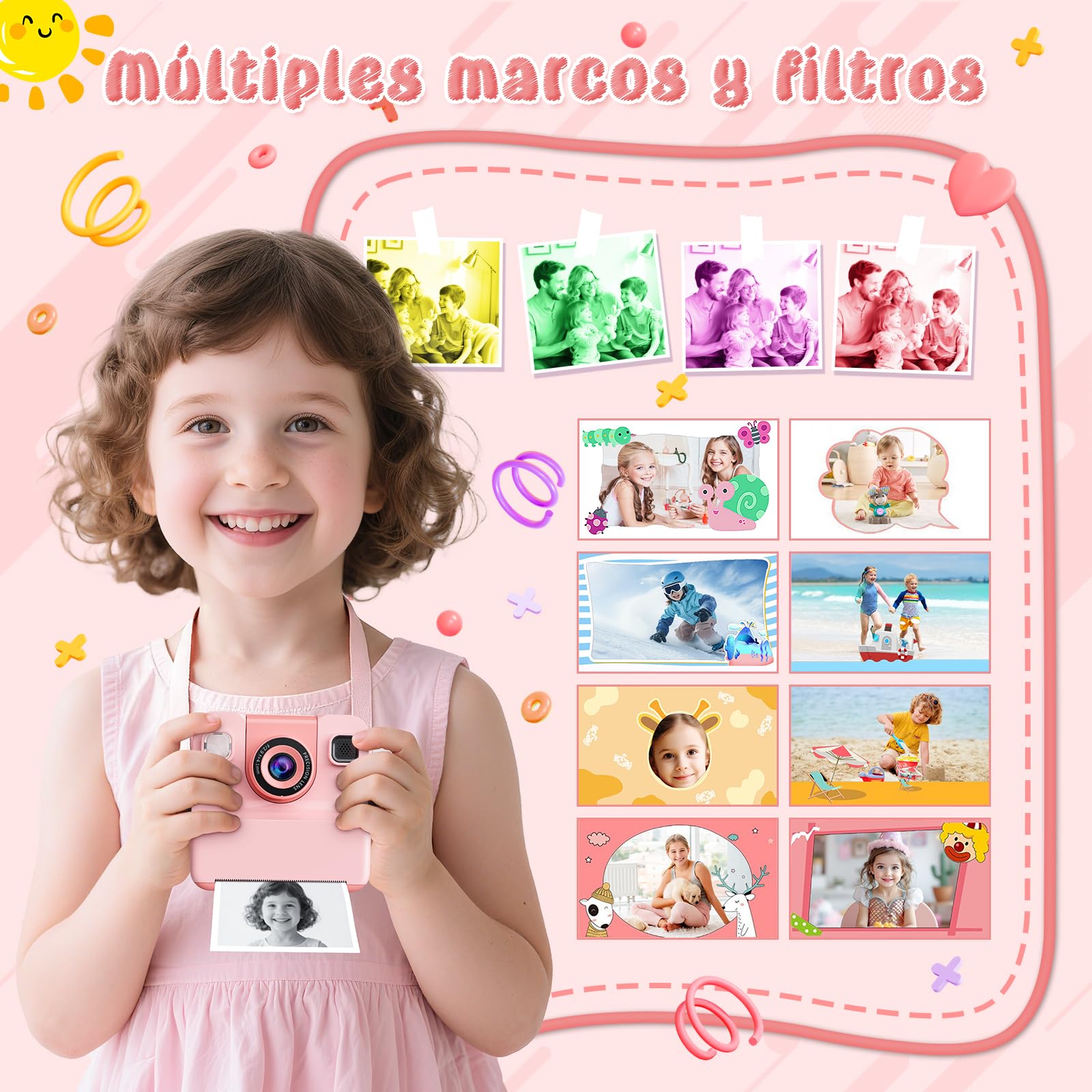 Camara de Fotos Instantaneas,2.4" 1080P HD Camara Fotos Infantil Instantaneas Juguetes Niños 3-12 Años Cámara Instantánea Niños de Foto & Video 1080P & Música&5 Juegos de Rompecabezas 32GB SD