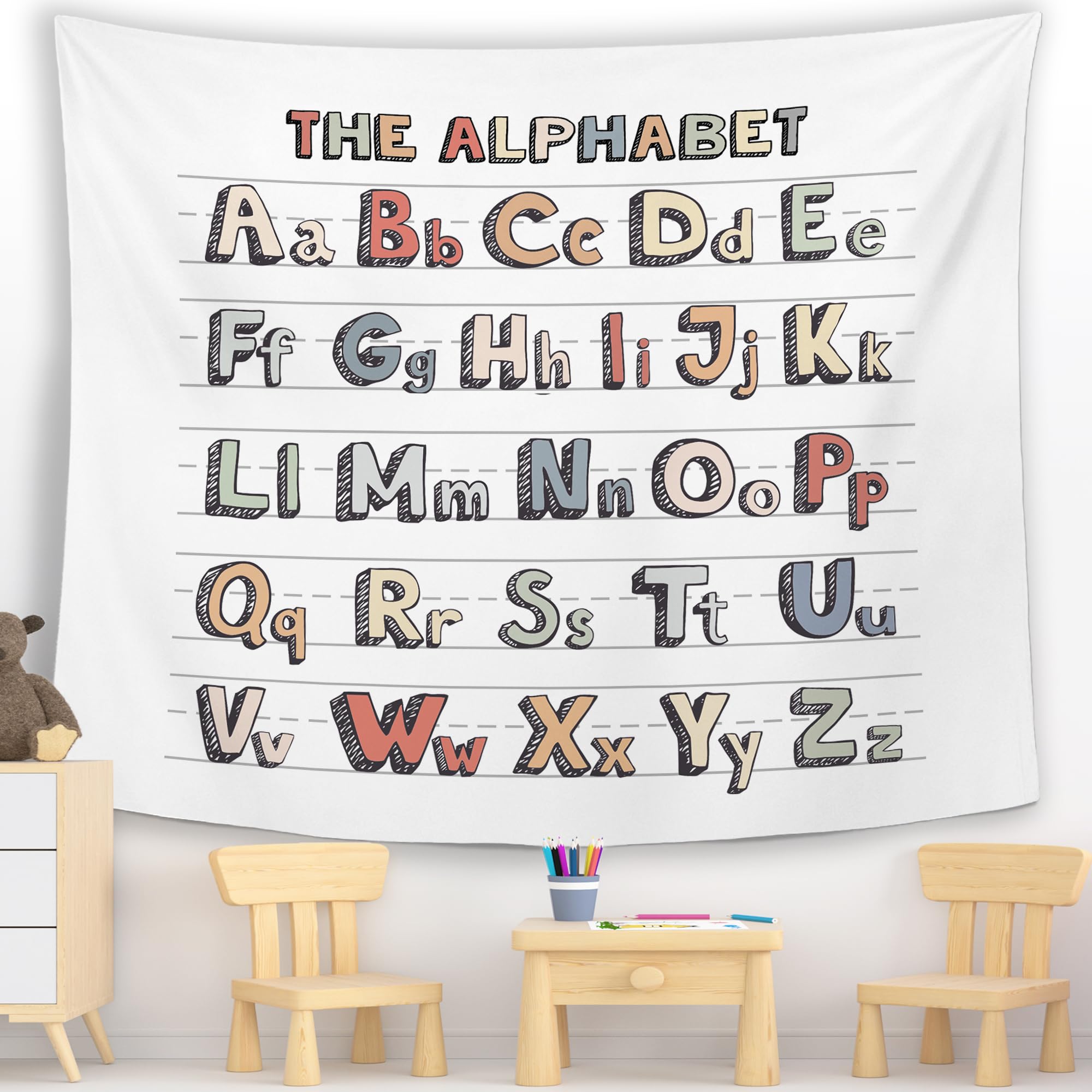 MNASAIOO Classroom Colorful Alphabet Wall Tapestry Hanging for Bedroom, Nursery Educational Tapestries, Rustic Abc Wall Decor Banner for Kids Playroom