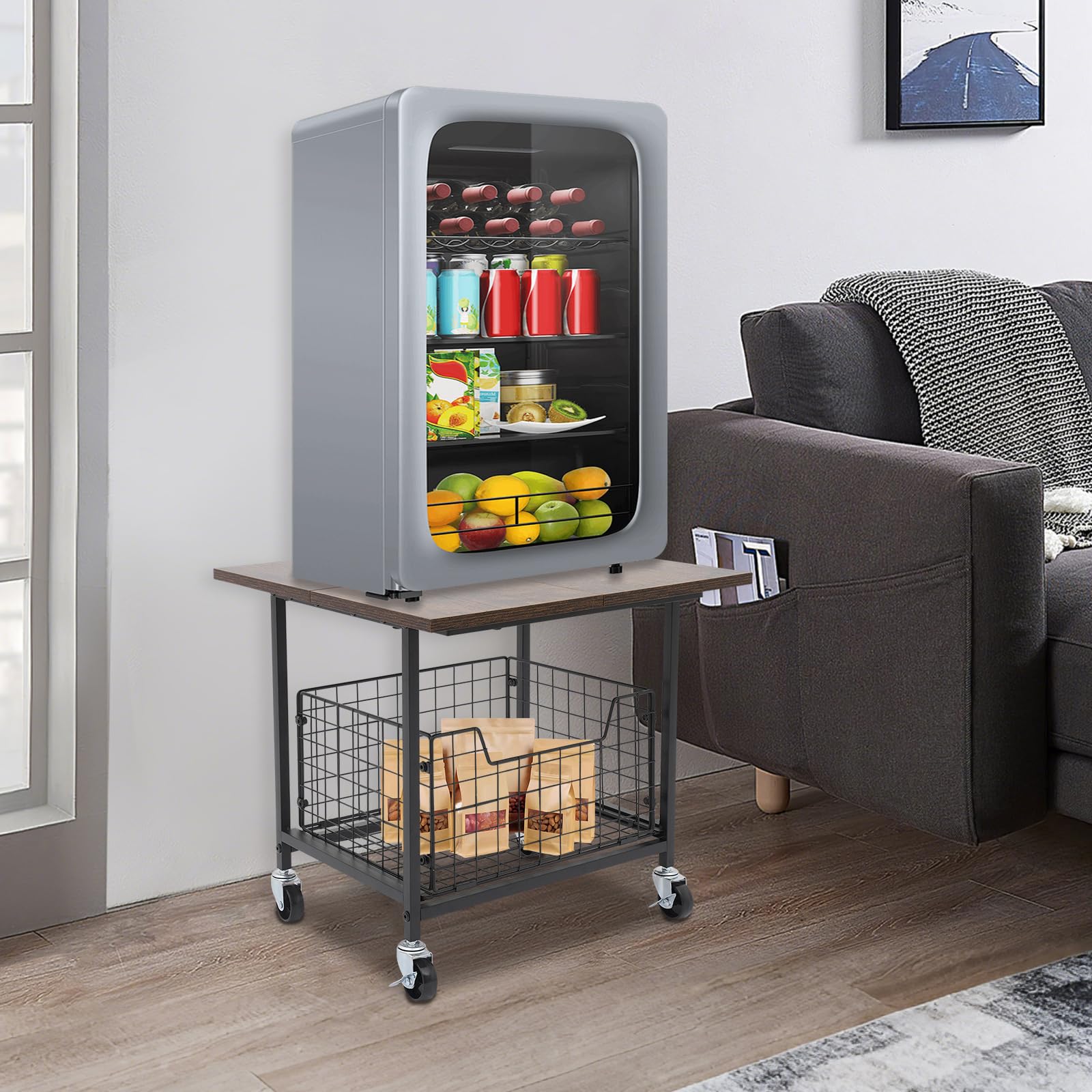 Mini soporte para nevera portátil resistente con ruedas y cesta de almacenamiento extensible, para hogar, oficina o dormitorio, hasta 150 kg (50 x 50 x 44,2 cm)