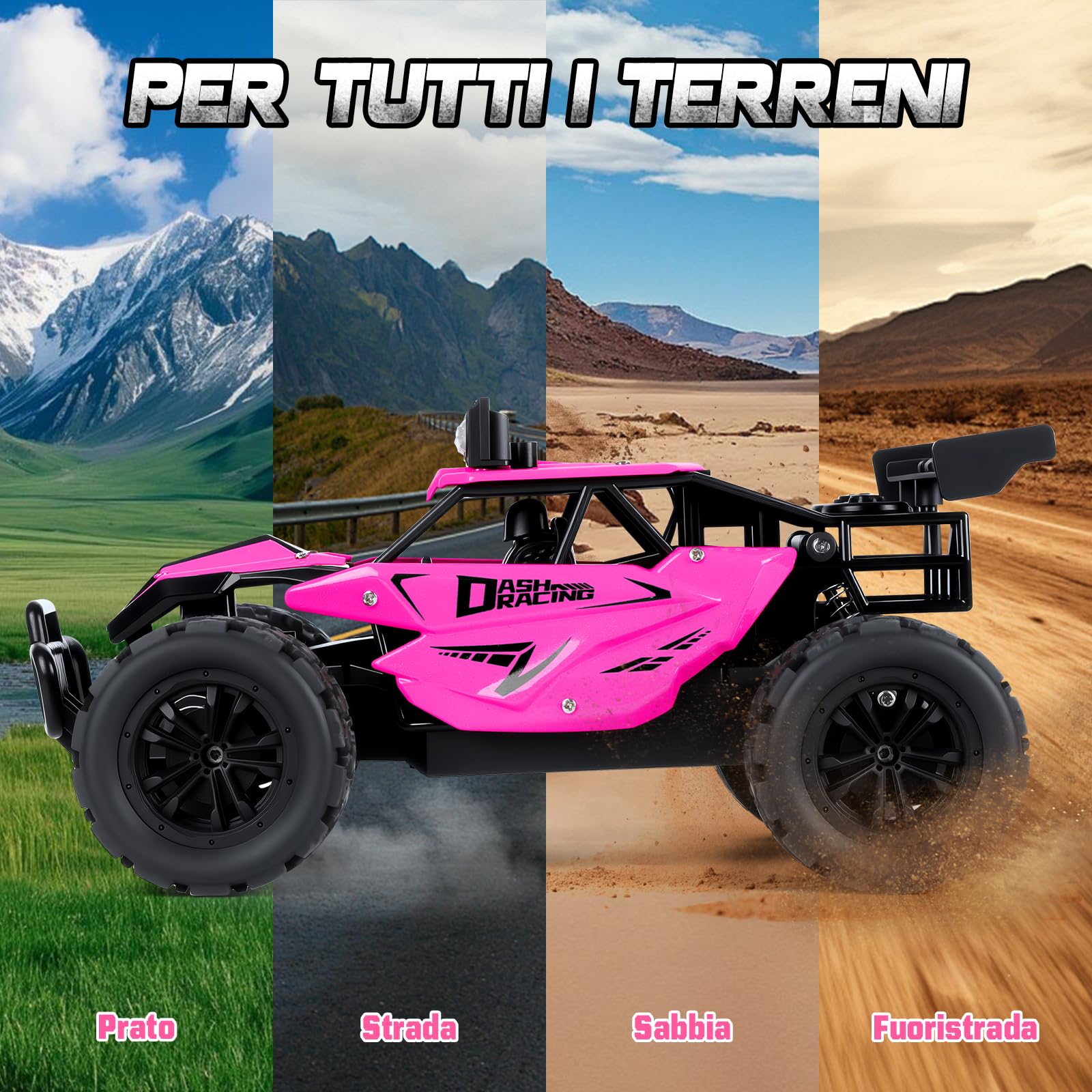 Joellfuner Macchina Telecomandata per Bambini, 2.4Ghz 1:16 Macchina Radiocomandata con Luce LED Quattro Colori, 20KM/H Monster Truck Telecomandato con marce alte e basse per bambini 3+ anni (Rosa)