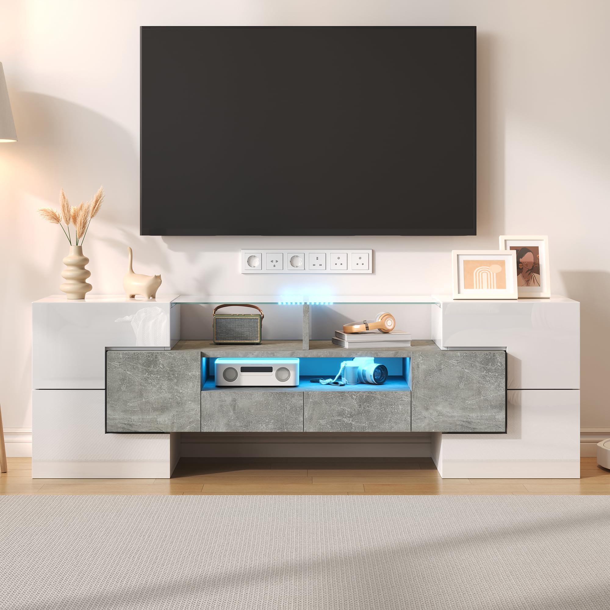 Elegante mobile TV da 145 cm, colore bianco lucido, banco TV con illuminazione LED e piano in vetro per soggiorno, design moderno (bianco e grigio, 145 cm)