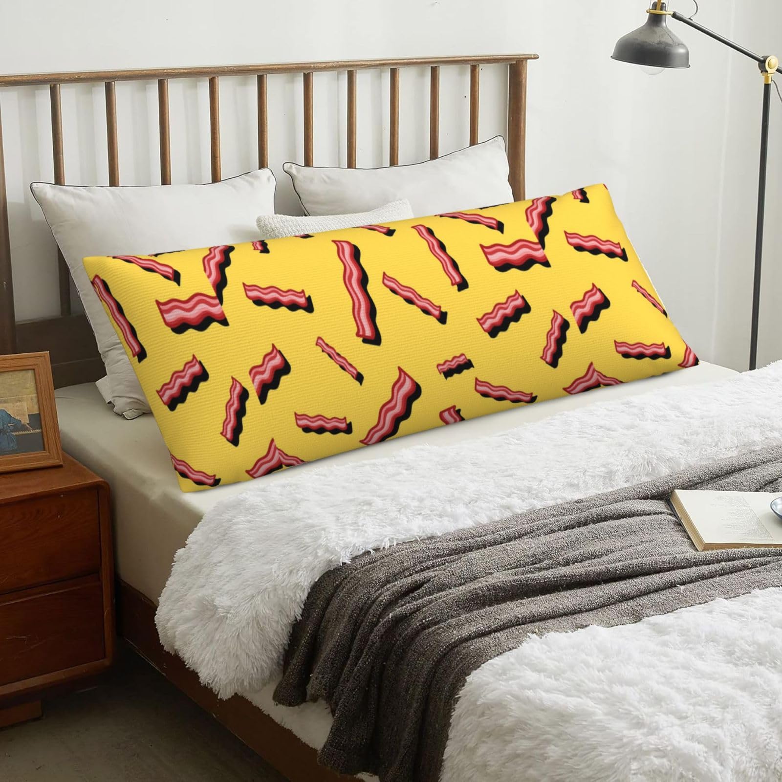 Bacon Yellow Background, Body Pillow Cover with Zipper,Long Body Pillowcase 20 x 60 in