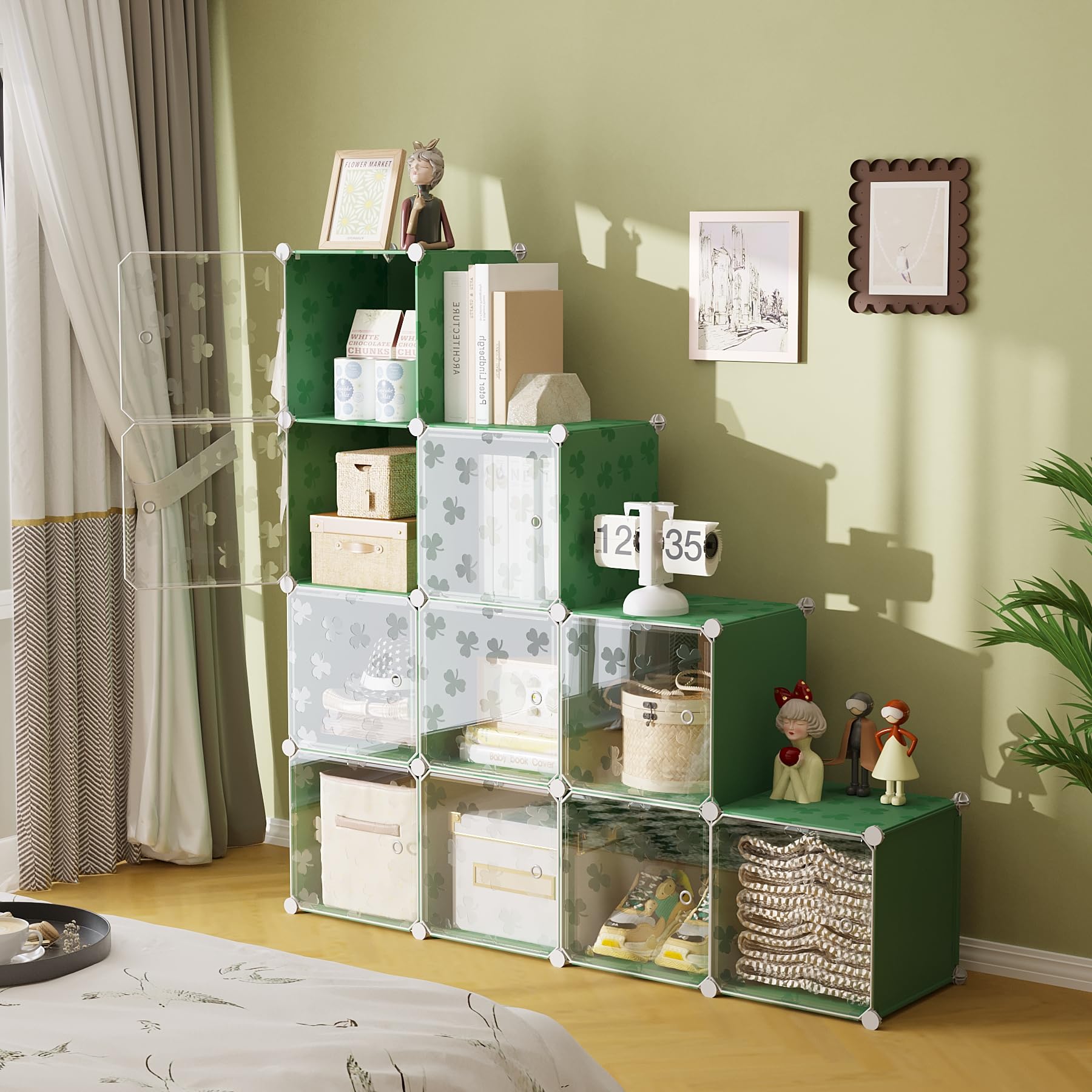 C&AHOME Organizzatore di contenitori a cubo con ante, ripiani a 12 cubi, armadio, libreria modulare in plastica fai-da-te ideale per camera da letto, soggiorno, verde