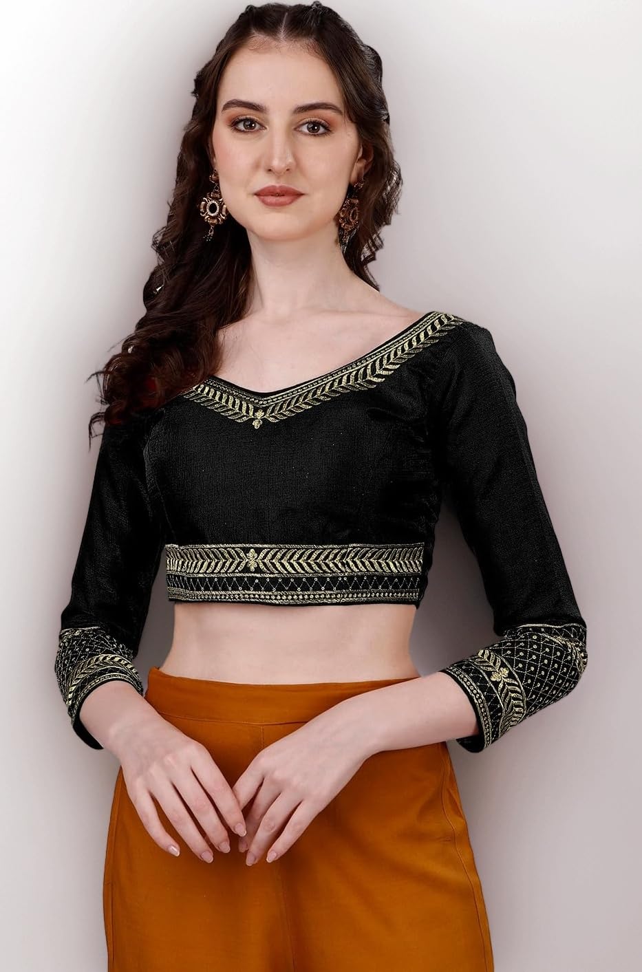 Pujia Mills Women's Milan Silk Heavy Embroidery with Sequins Worked Full Sleeve Fancy Saree Blouse