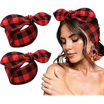 2 Pack Retro Plaid Headband Red Black Christmas Bandana Hair Accessories for Women Men Christmas