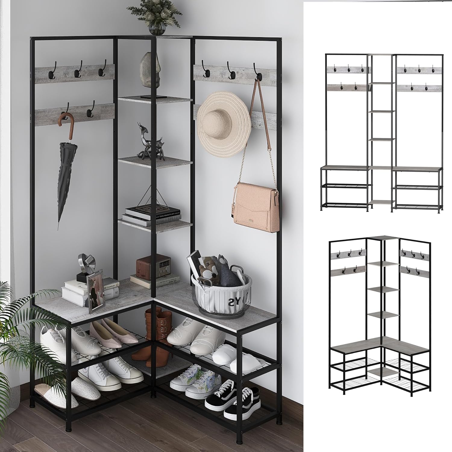 GiftGo Corner Hall Tree with Shoe Rack Storage Bench Display Open Shelves Modern Industrial Entryway Coat Rack Stand for Home Living Room Mudroom Bedroom Multifuncitonal 5 in 1 (Greige)