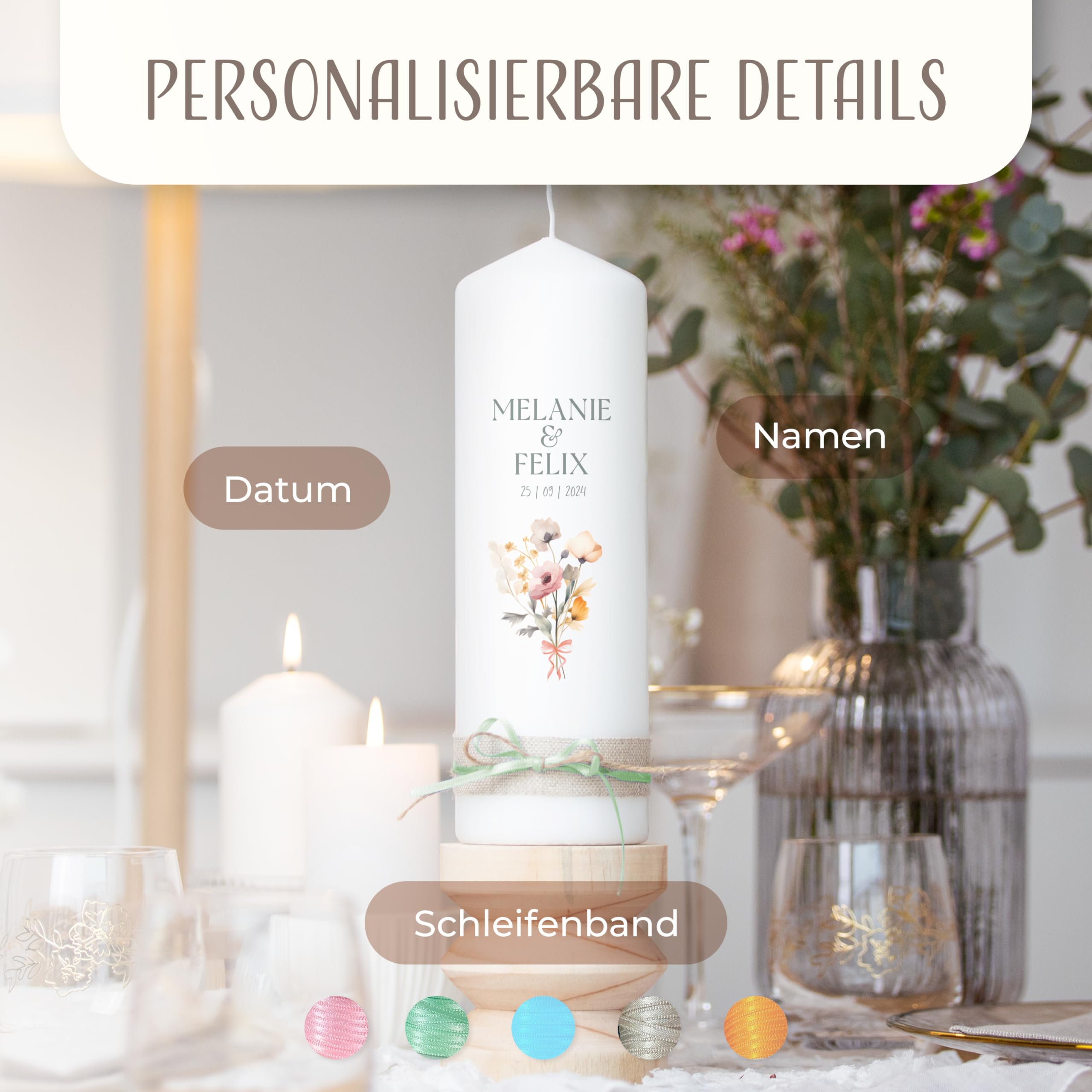 AMARI ® Hochzeitskerze personalisiert Blumenstrauß 25/8 cm - Traukerze Hochzeit - Hochzeitskerze Standesamt - Traukerze mit Namen und Datum
