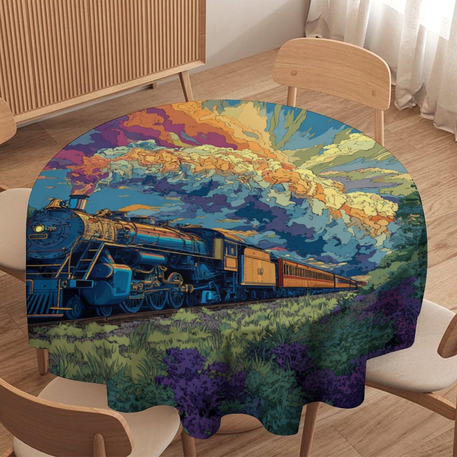 LUYYSKY Modern Abstract Antique Train Waterproof Round Tablecloth Beautiful Classic Sunset Forest Steampunk Steam Train Washable Table Cover for Kitchen-177.8" Wx177.8 L cm