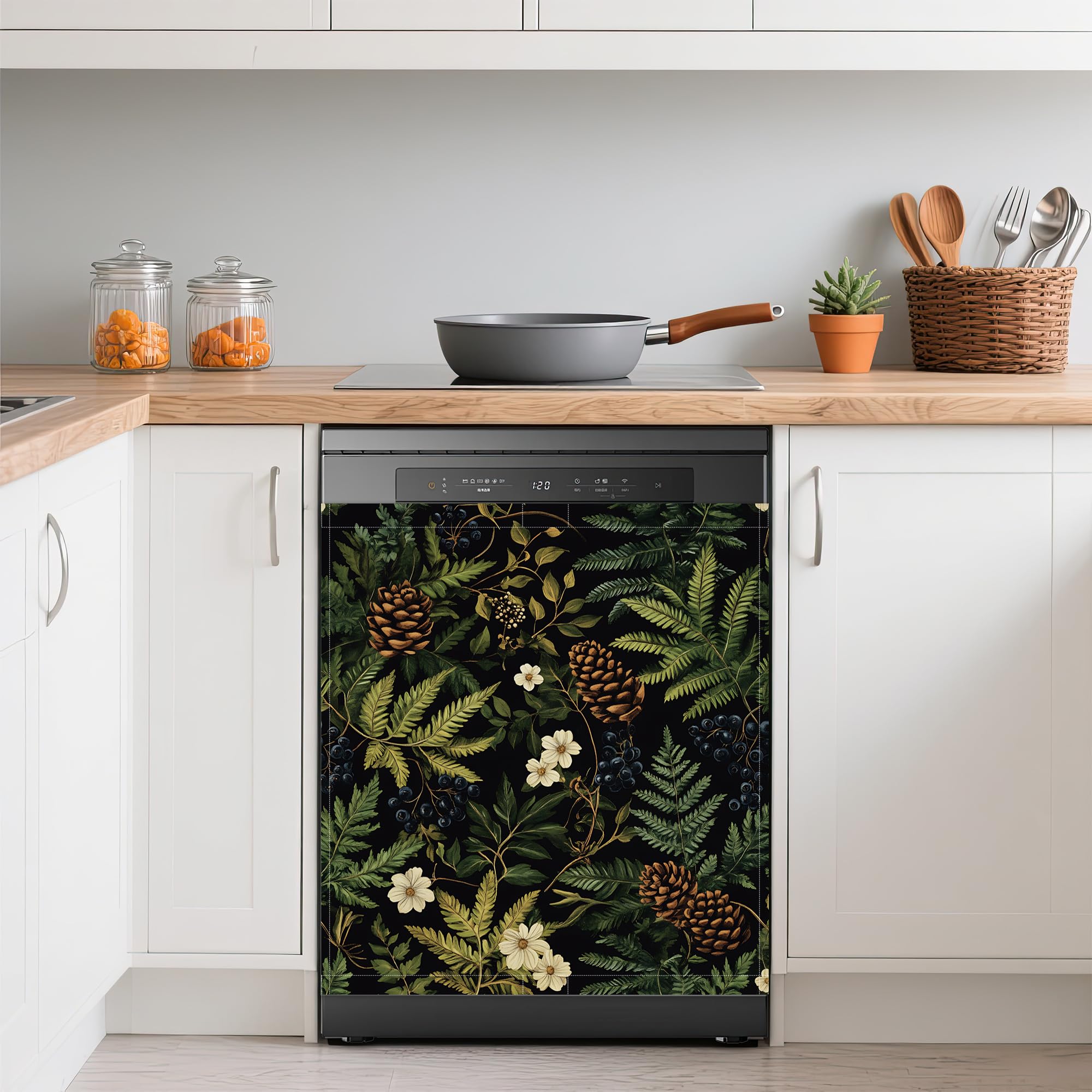 Green Herb Leaves Dishwasher Covers for The Front Magnetic,Blue Berry Pine Cones Refrigerator Magnets Decoration,Reusable Dishwasher Cover Panel for Home Kitchen Decor 23x26 Inch