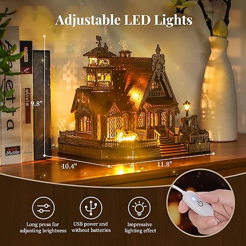 Miniatura 5 de Rompecabezas de madera LED 3D modelo de cabaña de campo, kit de construcción en miniatura con luces LED de chispa, arte en 3D, arquitectura rural,