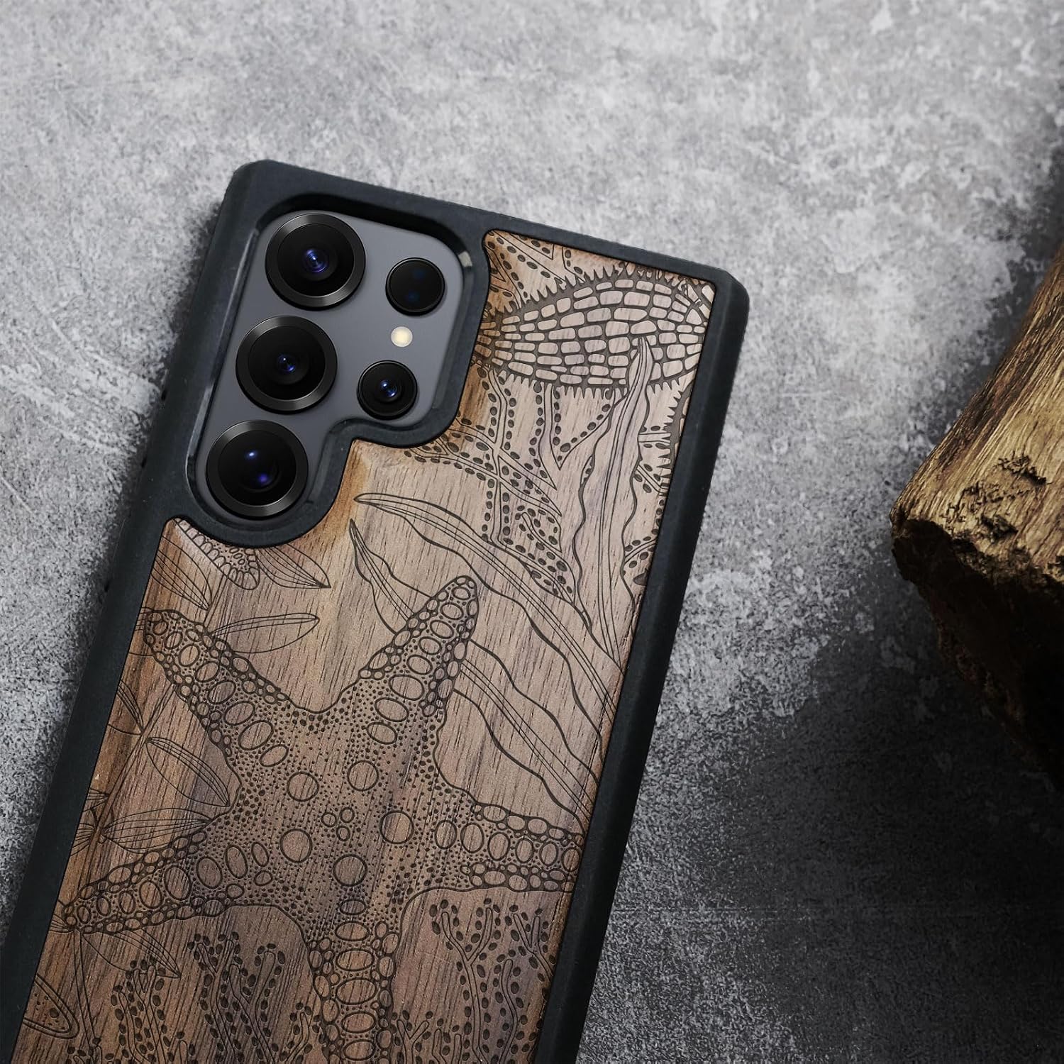 Carveit Magnetic Wooden Case for Samsung Galaxy S25 Ultra Case 2025, TPU Shockproof Cover & Wood Artisan Engraved, Compatible with MagSafe Wireless Chargers (Underwater Oasis) Walnut