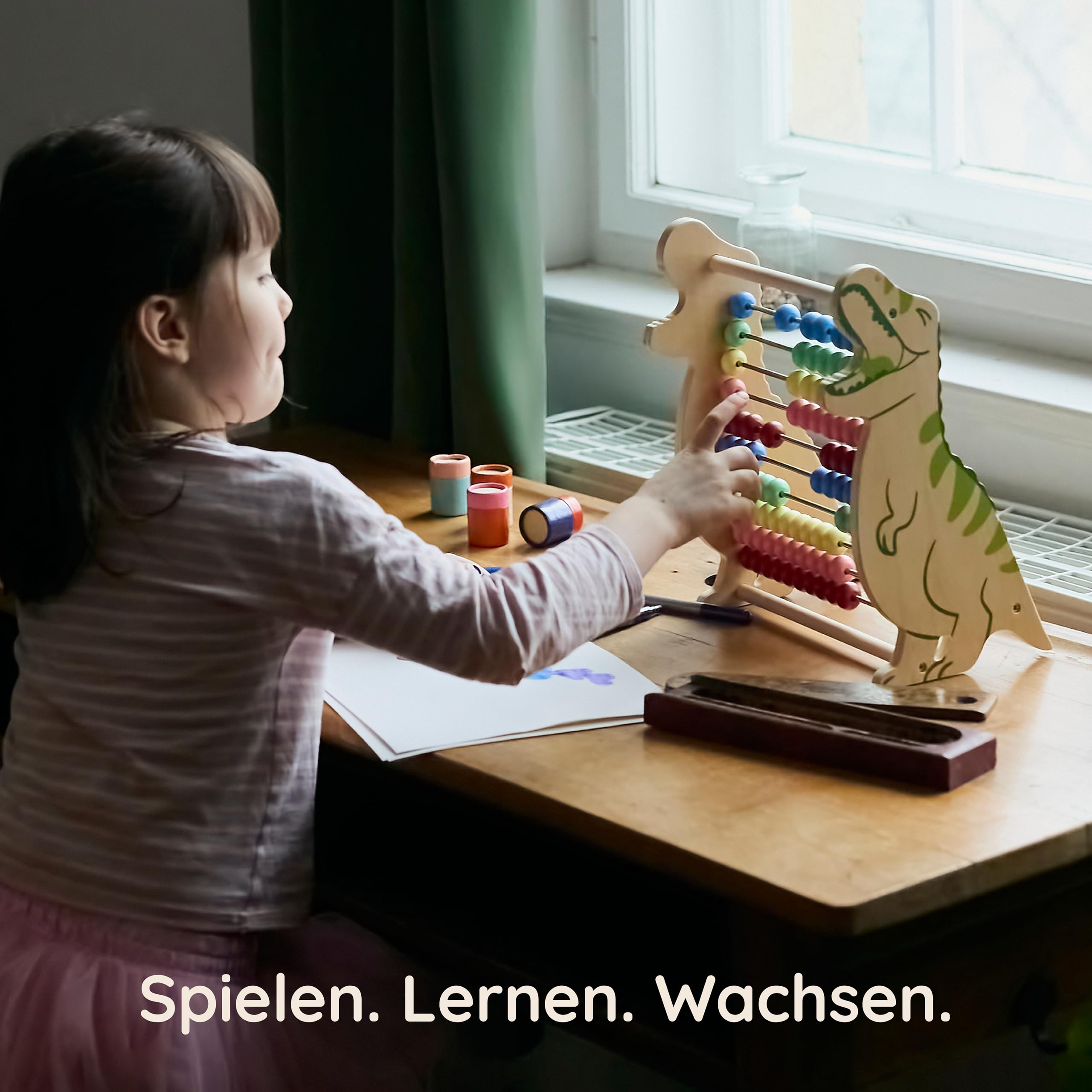 Twig & Leaf Rechenschieber für Kinder aus Holz, Dinosaurier Abakus Montessori Spielzeug zum Rechnen & Zählen Lernen, Zählrahmen 1. Klasse & Vorschule, Nachhaltiges Lernspielzeug aus Holz & Metall