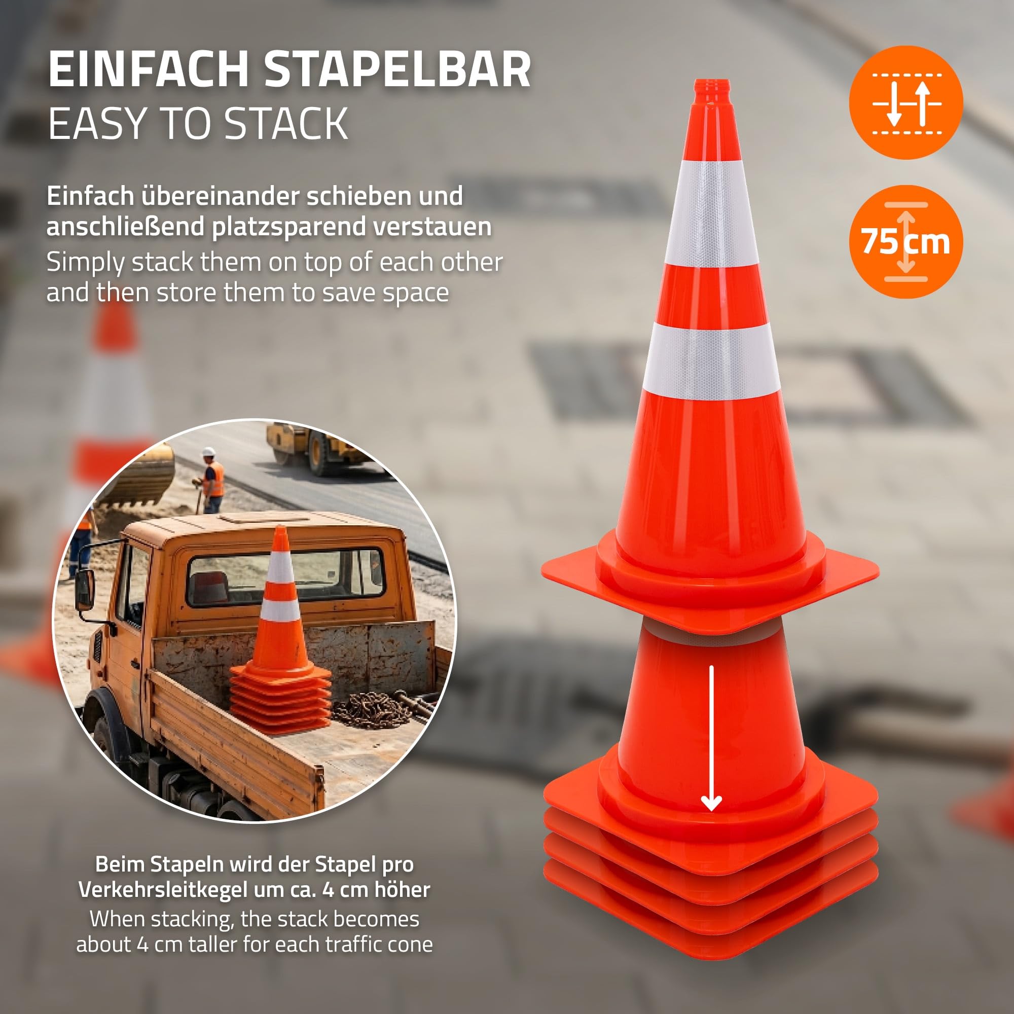 ECD Germany 3x Conos de Señalización 75 cm, Pilón de Tráfico Apliable Naranja con 2 Bandas Reflectantes y Muesca para el Dedo, Pieza Robusta para Advertencia de Seguridad, Emergencia, Entrenamiento