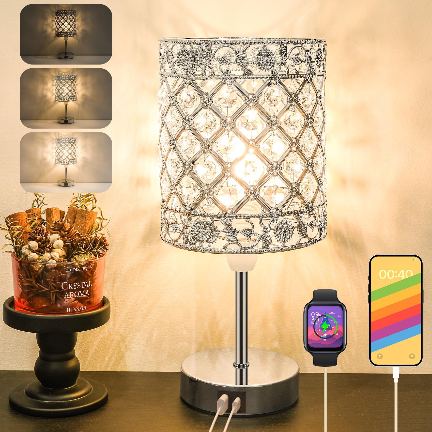 Aomeya Touch Control Crystal Table Lamp with USB-C＆USB-A Charging Ports,3-Way Dimmable Bedside Lamps for Bedroom Living Room E14 Base Bulb Included