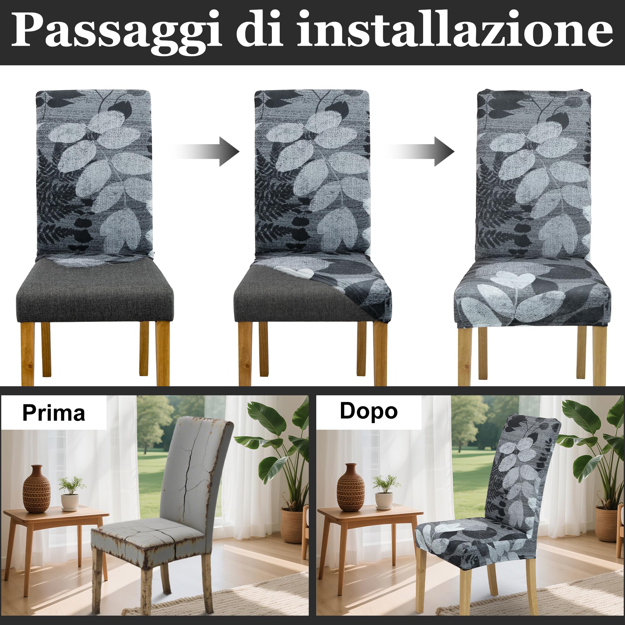 coprisedia con schienale、coprisedia elasticizzati、coprisedie antigraffio gatto、copri sedia da ufficio (set da 2/4/6 pezzi con schienale) per salotti, cucine, feste e hotel. (6, Foglia grigia 2)