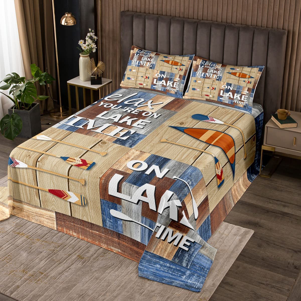 Lake House Bettwäsche-Set Queen Size – Retro-Holzmaserung, Rustikales Design, 3-teilig (Bettbezug + 2 Kissen)