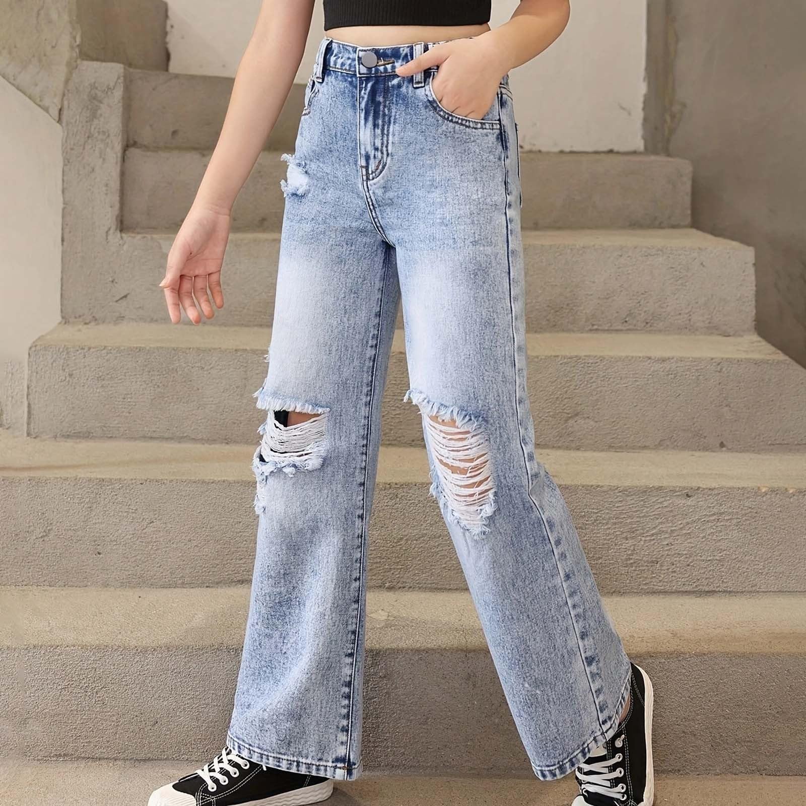 Generico Jeans Bambina 6-14 Anni Baggy Dritto Strappati Pantaloni Jeans Denim Ragazza Elasticizzati Vita Alta Casual Pantaloni da Lavoro Cargo Ampia Invernale con Tasconi Holiday Outdoor