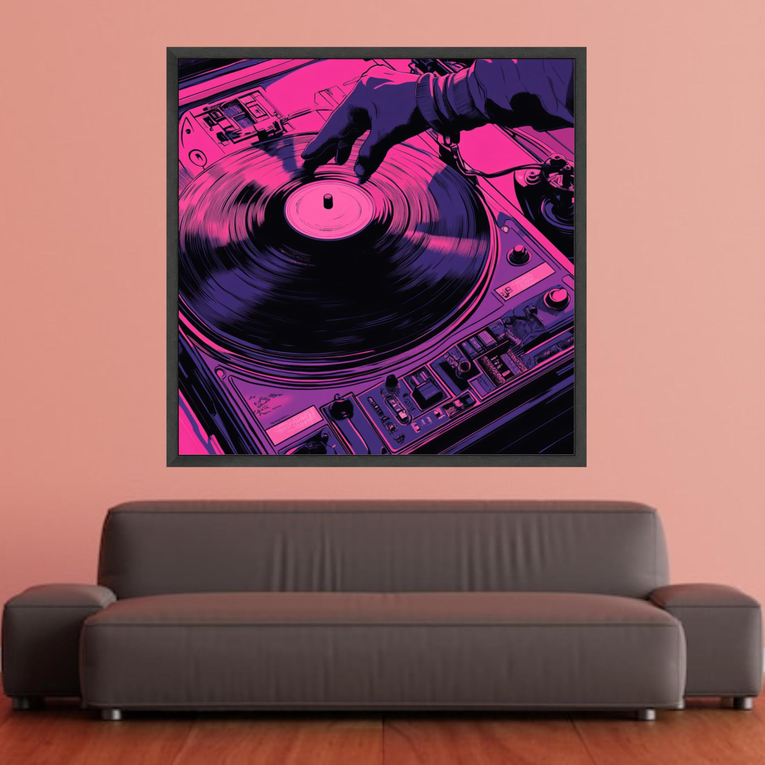 LMYCHENG Retro DJ płyta winylowa gramofon płótno, neonowa muzyka sztuka ścienna, dekoracja vintage, różowy i fioletowy obraz dźwiękowy, nowoczesny (55 x 55 cm / rama wewnętrzna)