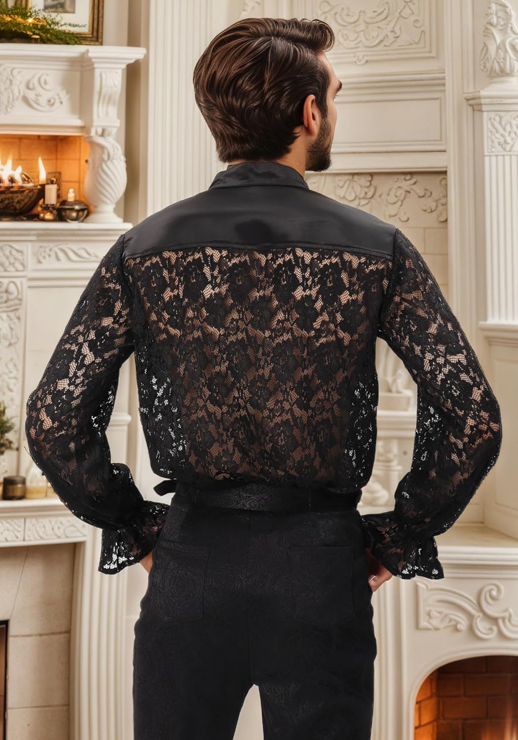 PROCOS Mens Pirate Vampire Gothic Shirt Rose Shaped Lace Shirt See Through Renaissance Poet Shirts Medieval Costume - Image 4