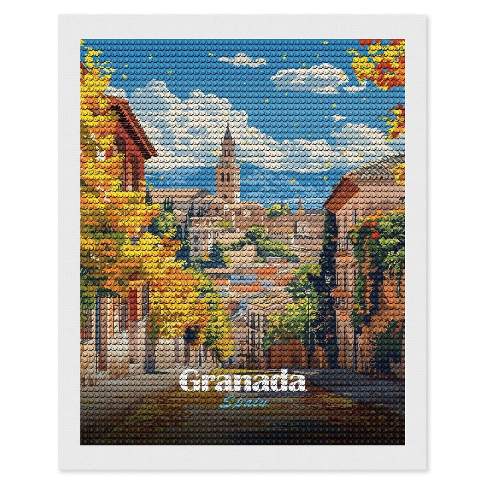 Junmoney Granada, Spain, Autumn Cityscape Round Drill Diamond Painting 16"x20", for Craft Lovers, Stress Relief Craft, Bedroom Decor, Festive Craft Gift