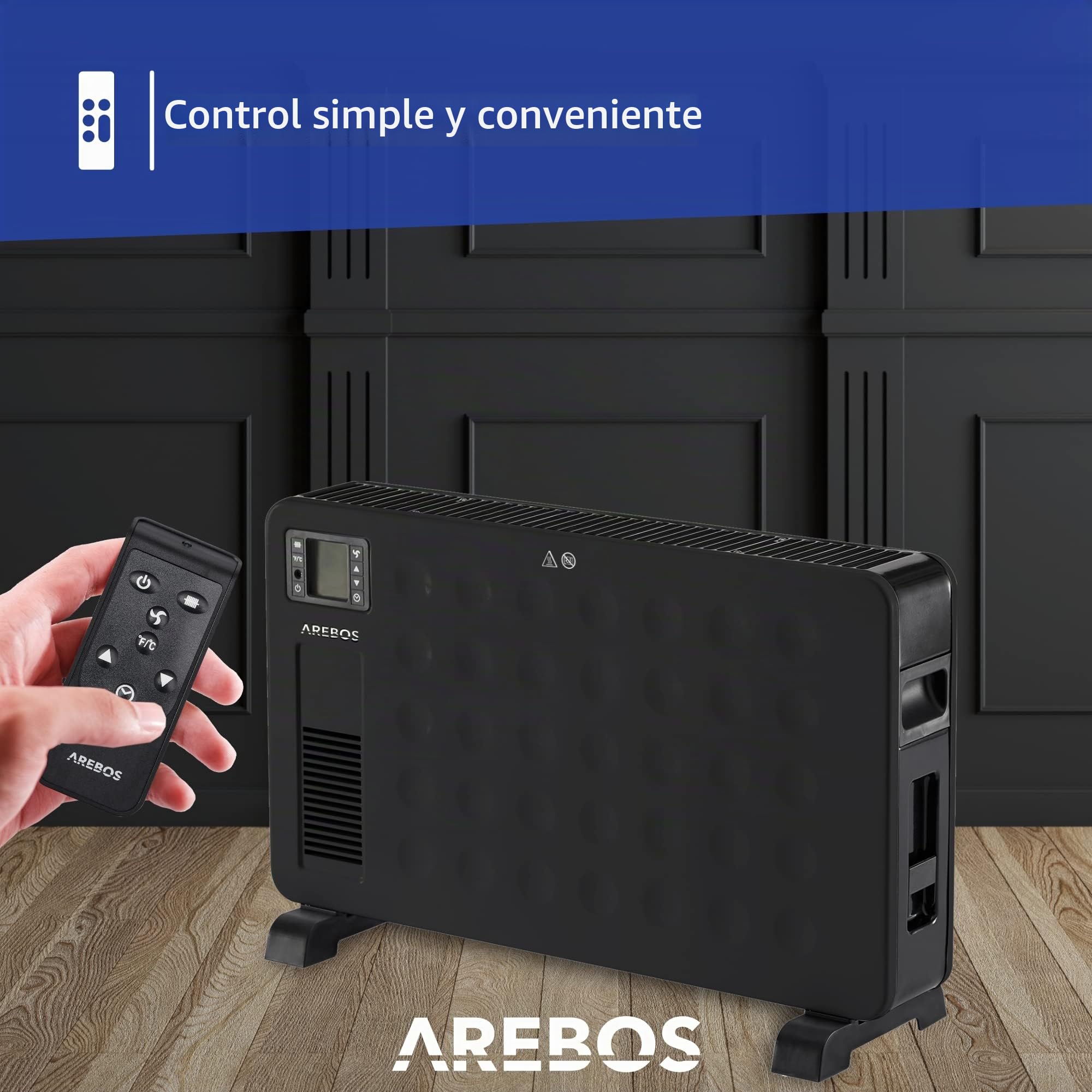 Arebos Calefactor Bajo Consumo 2300 W | Radiador Electrico con 3 posiciones de calor | Convector Electrico Bajo Consumo | Temporizador | Negro