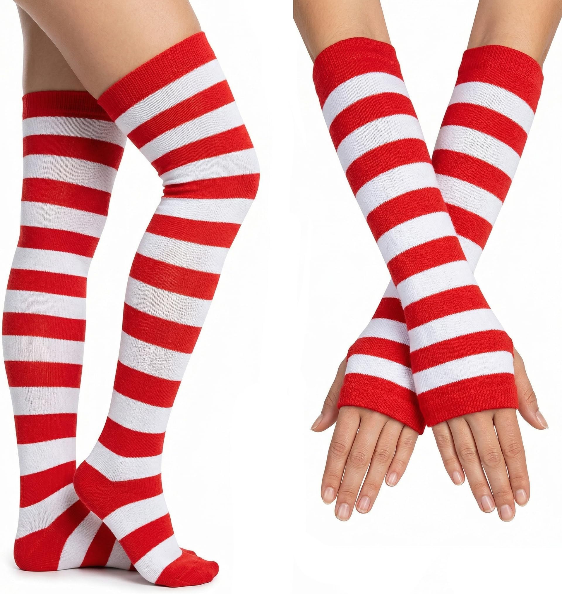 MCPINKY 2 Pair Red and White Striped Socks & Long Arm Warmer Gloves, Crazy Socks for Kids, Crazy Outfit Accessories for Women, Themed Party, Cheerleading & Sports Costume